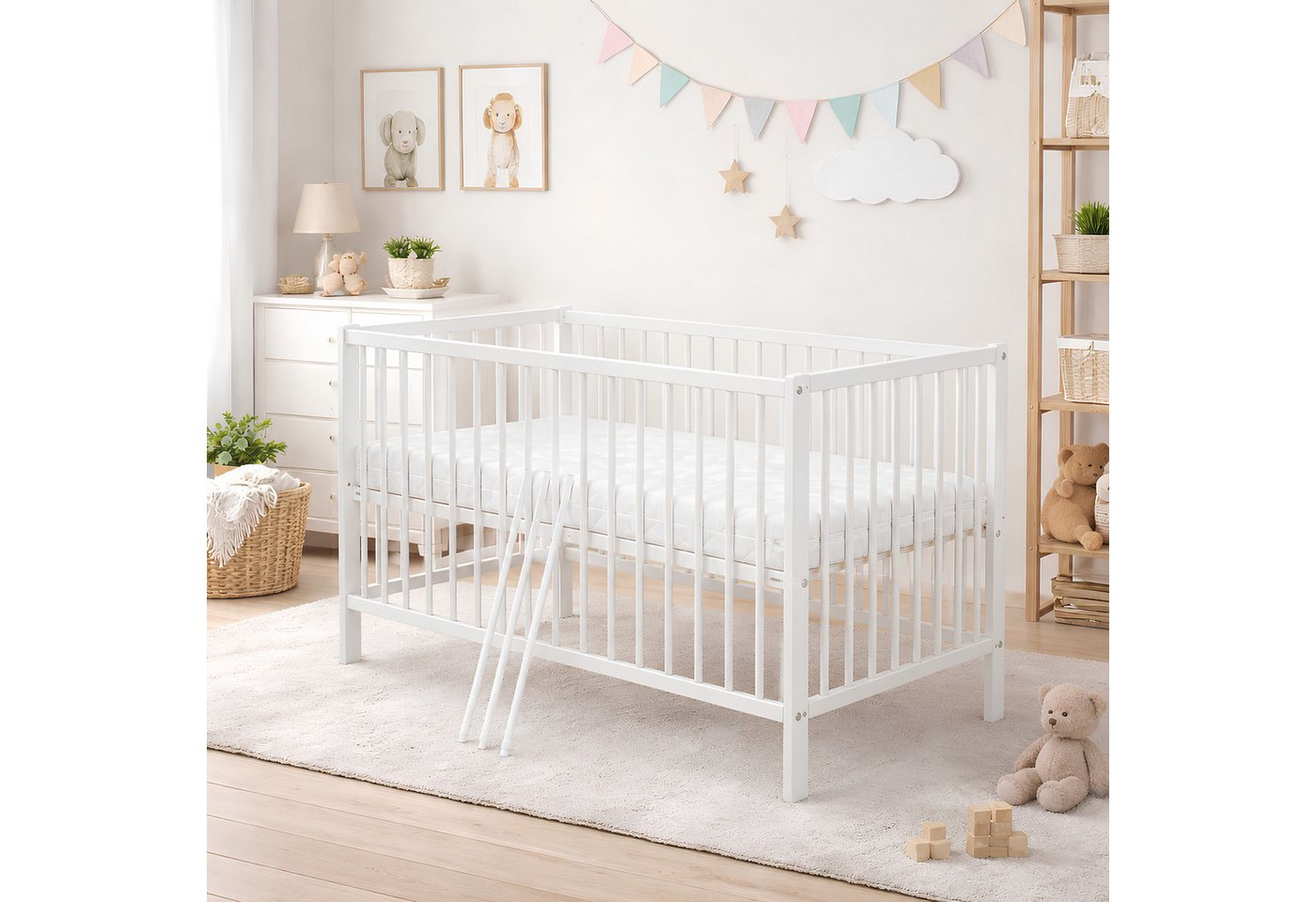 Baby-Delux Babybett Milo, Kinderbett 60x120 cm höhenverstellbar, Kiefernholz, Schlupfsprossen