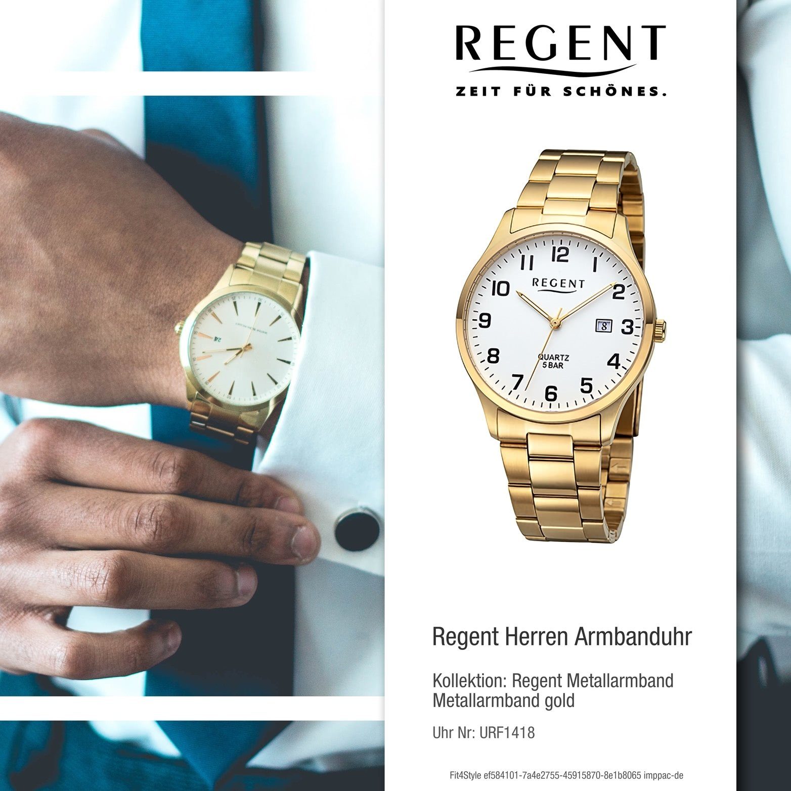 gold, (ca. Quarzuhr rundes Regent Herrenuhr Regent Gehäuse, Metallarmband Armbanduhr Herren Analog, extra groß 39mm)