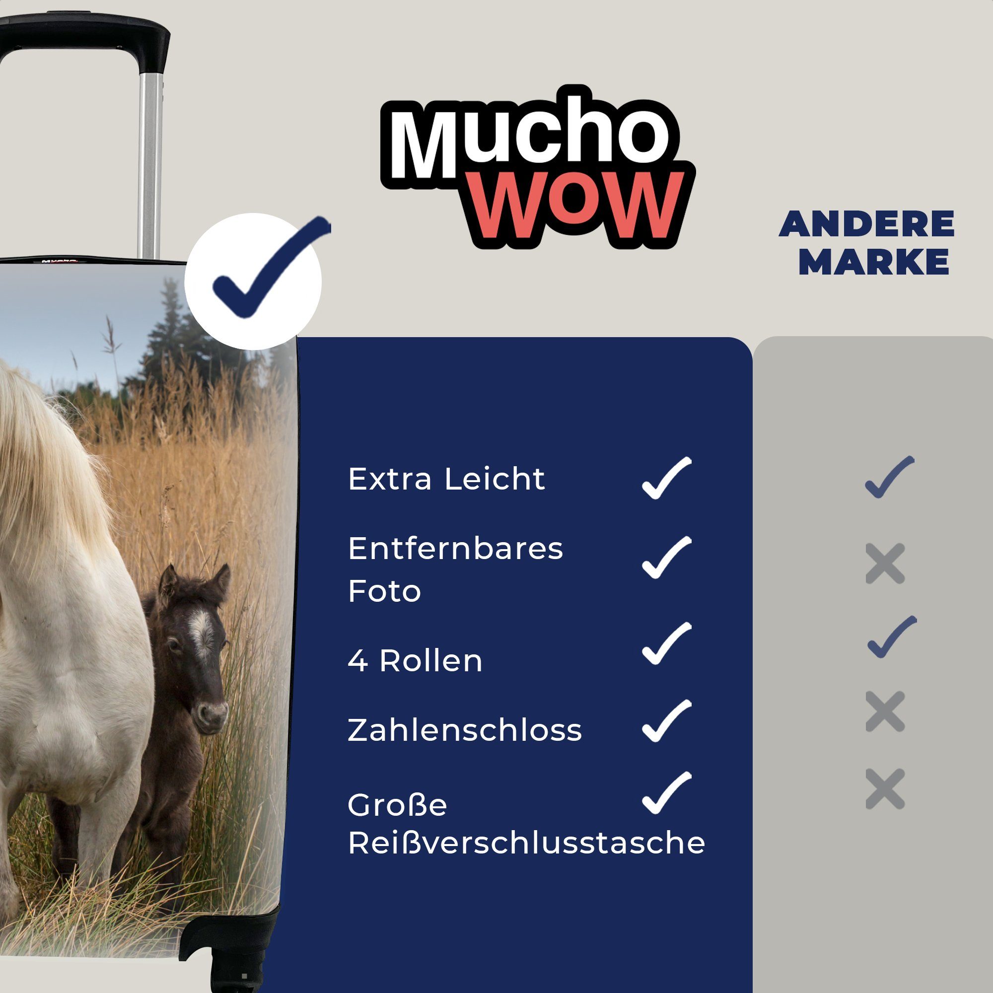 MuchoWow Handgepäckkoffer Pferde - Fohlen mit Ferien, Reisetasche Rollen, 4 Reisekoffer Trolley, rollen, Handgepäck für Weiß, 
