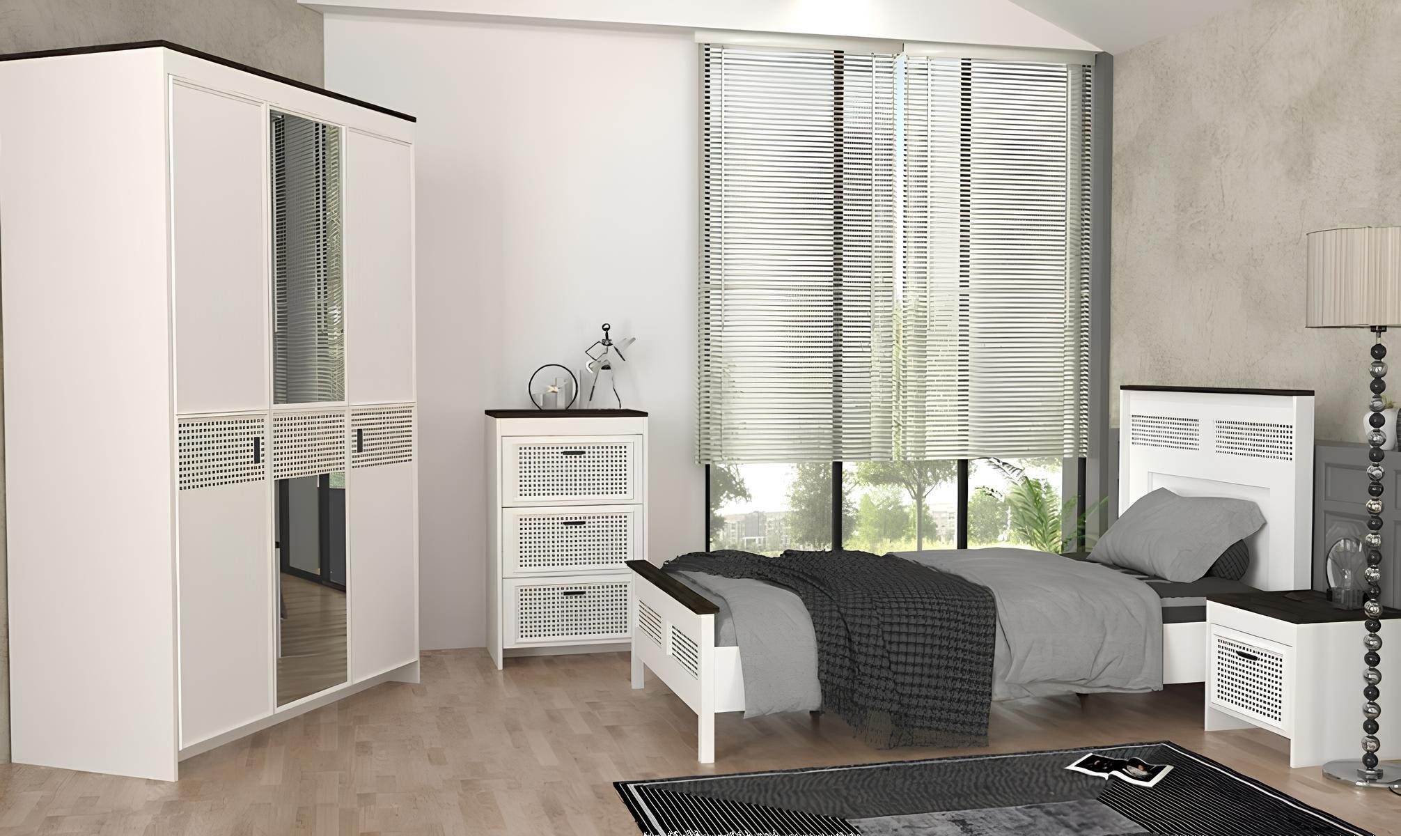 Komplettschlafzimmer Weißes Jugendzimmer Set mit Bett, Nachttisch und Kleiderschrank