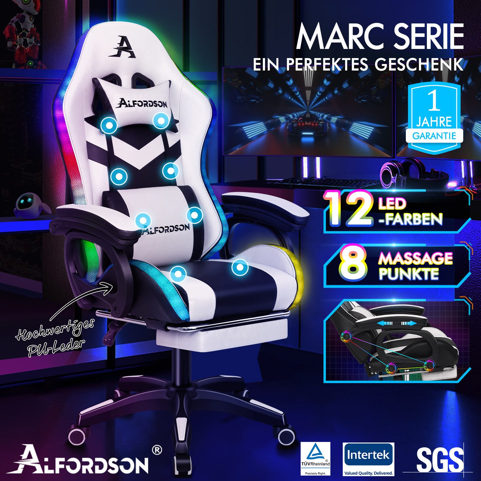 ALFORDSON Gaming-Stuhl Ergonomisch, Gamer Stühle mit Lendenwirbelkissen, Kopfstütze (1 St), Höhenverstellbar mit LED-Leuchten und 8-Punkt-Massagefunktion