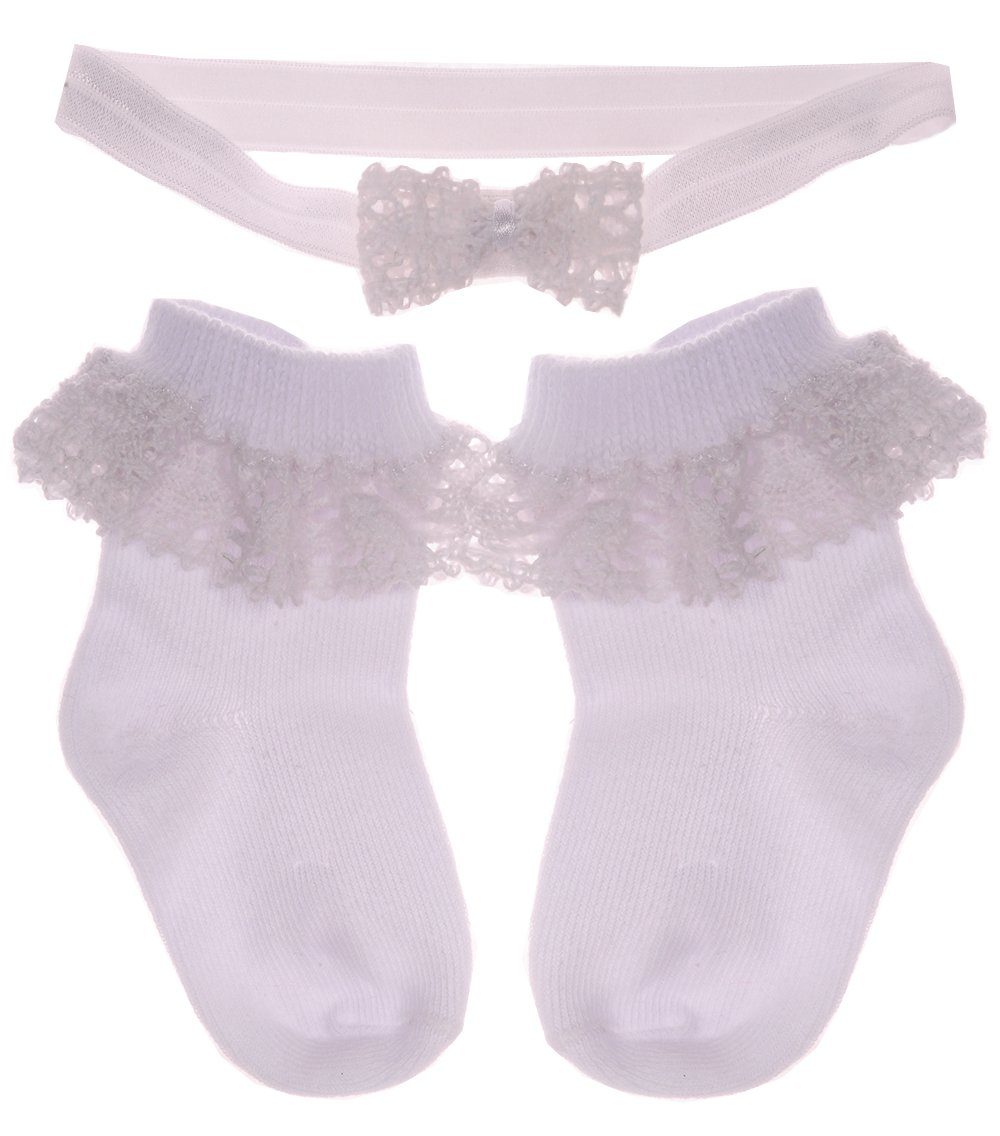 La Bortini Socken Socken und Stirnband für Baby Kinder weiß festlich Strümpfe Rüschen elastisch, weich, 44 50 56 62 68 74 80 86 92 98 104 110 116