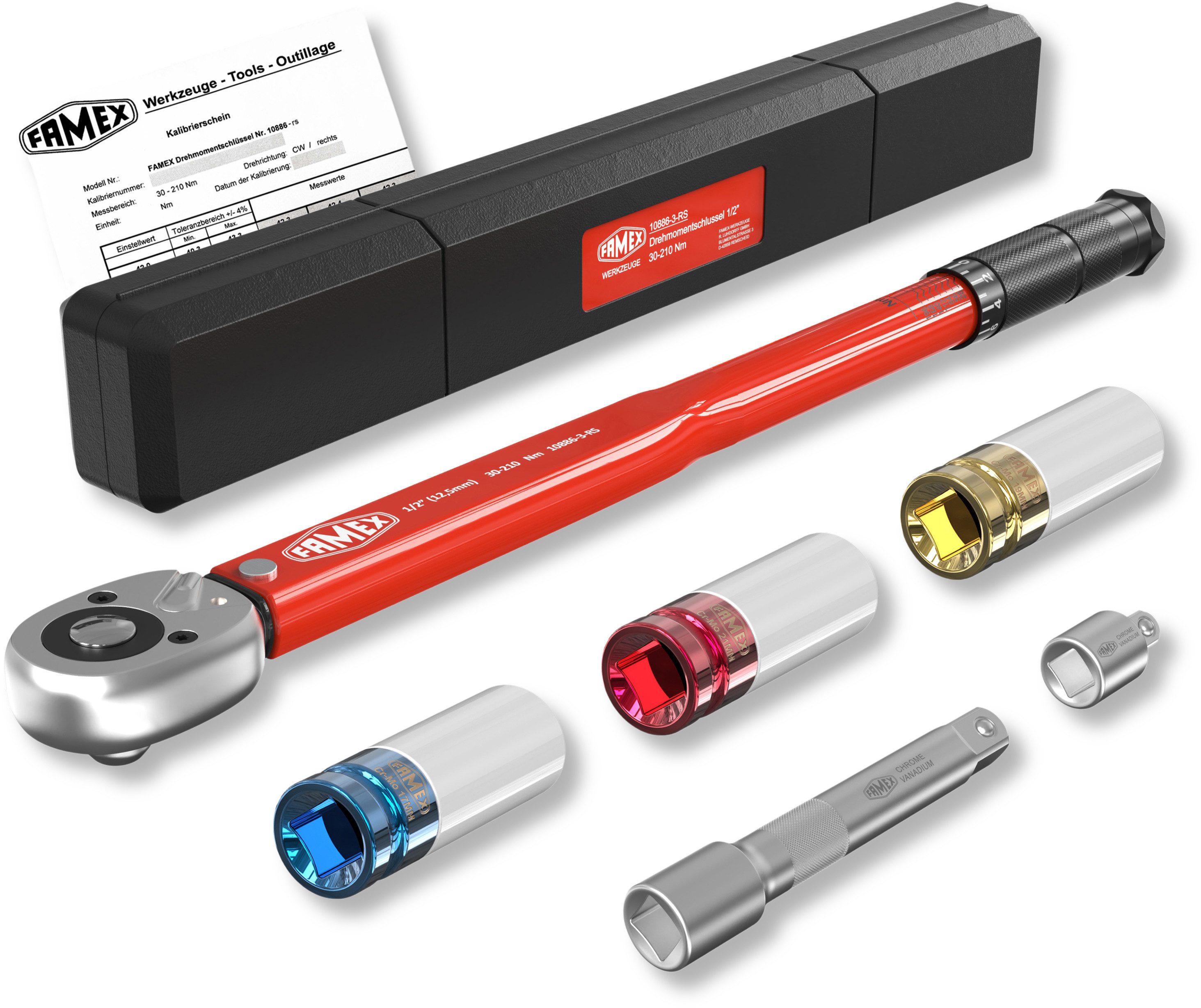 FAMEX Drehmomentschlüssel 10886-3-RS-KS Drehmomentschlüssel Set 1/2 Zoll (12,5mm) (4% Genauigkeit, 6 St), 30-210 Nm, mit Kalibrierschein