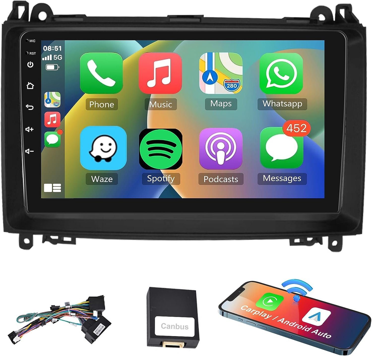 GABITECH 9 zoll Android Autoradio für Mercedes A B Sprinter Vito Viano Crafter Autoradio (FM / AM-Radio, RDS, DAB+ Optional, Kabellos Apple Carplay und Android Auto, Sprachsteuerung)