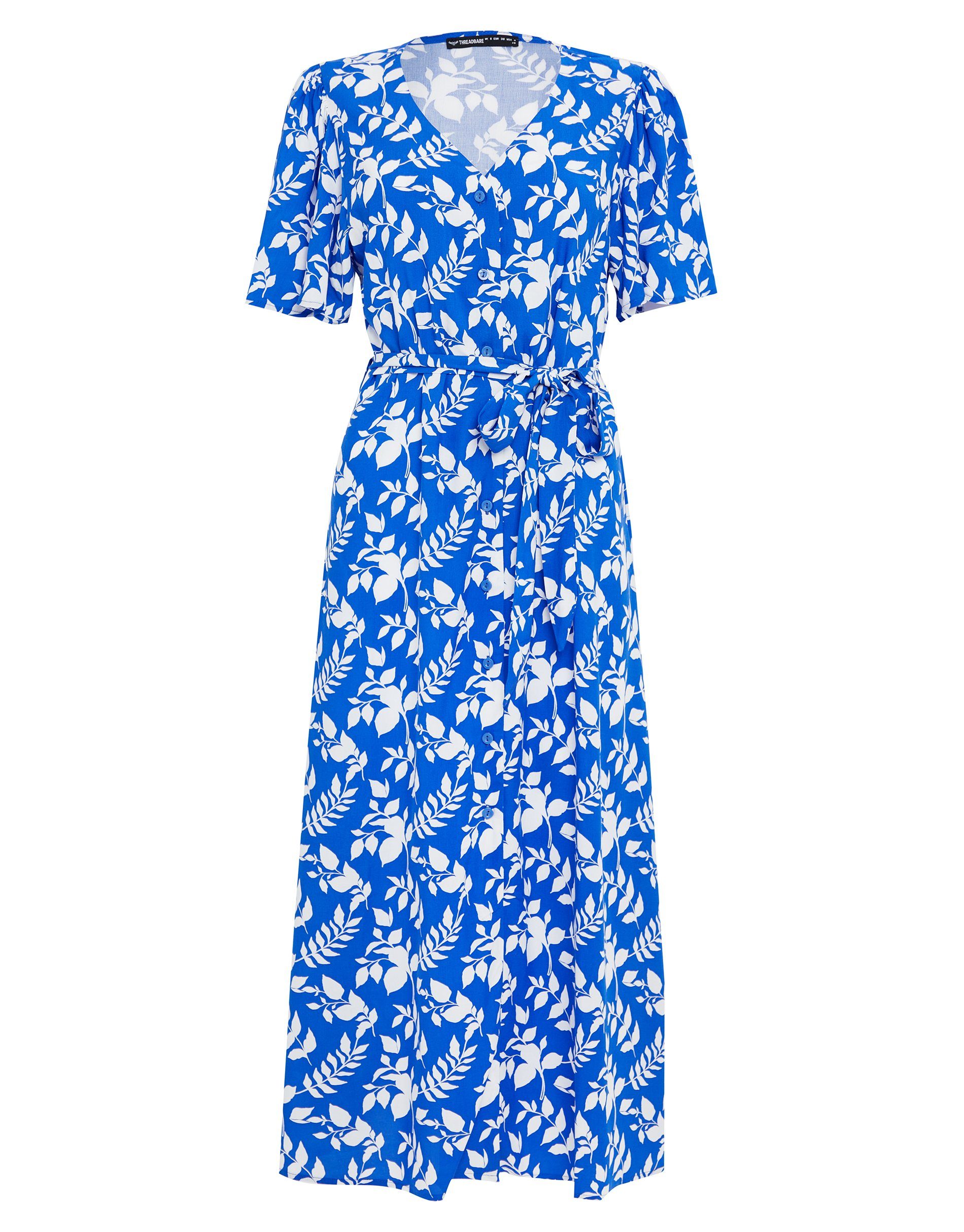 Midi - Blau Fruit Pastill Denim verwaschenes Wash Dress Sommerkleid Blue Button THB Threadbare