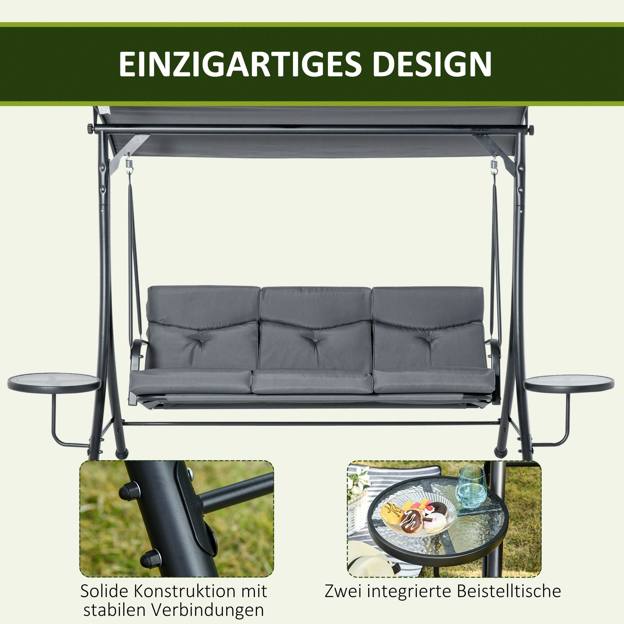 CHICFURN Hollywoodschaukel 3-Sitzer Gartenschaukel mit verstellbarem Sonnendach, Grau+Schwarz, 3-Sitzer, Packung, 1 tlg., Verstellbares Sonnendach, 2 Glastische, gepolsterte Auflage, Mit Teetisch, Stahlrahmen, Polyester, 271 x 125 x 177 cm