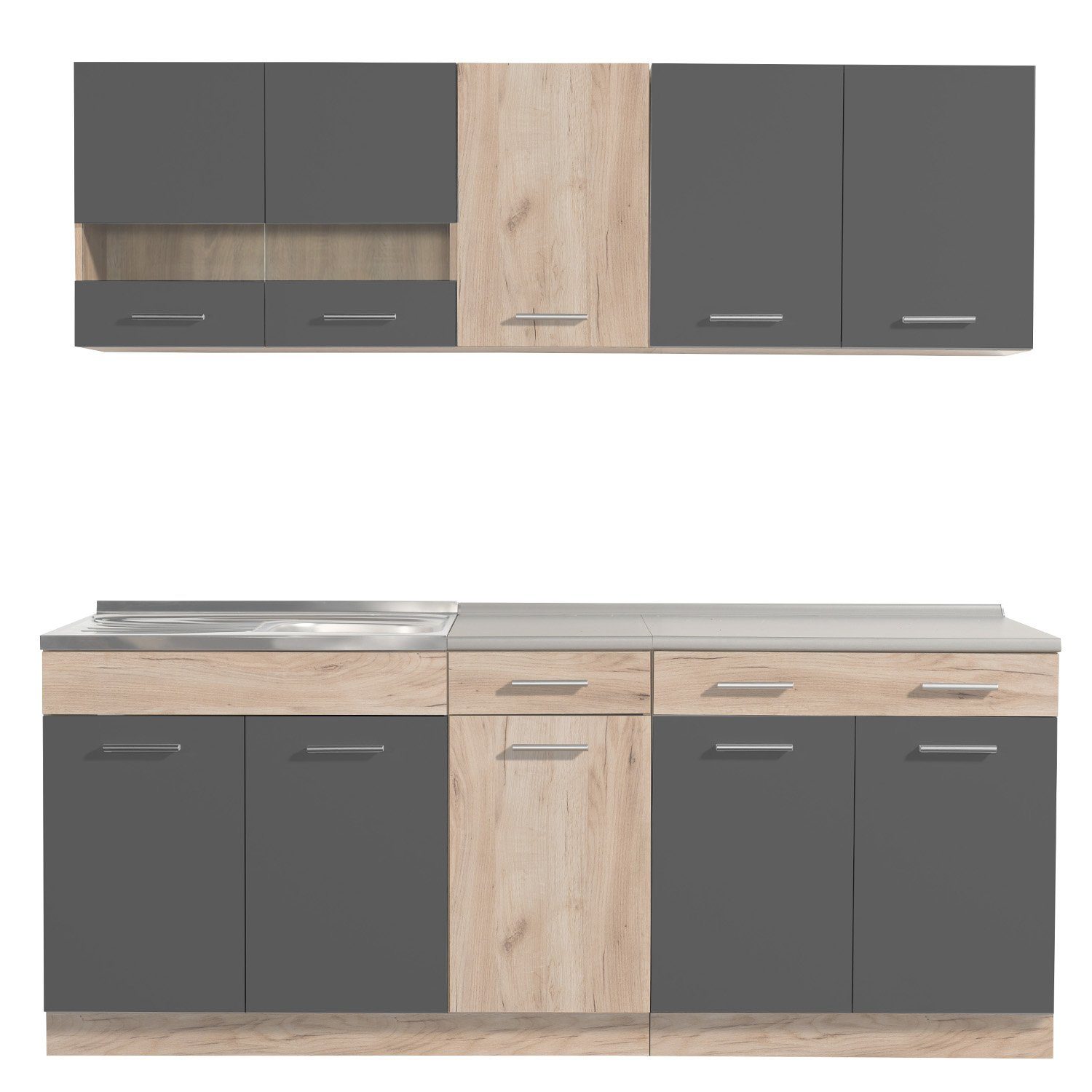 Homestyle4u kitchen unit 200 cm without appliances, matt grey oak, single kitchen, glass kitchen cabinets (wall cabinets, base cabinets, 2 worktops, fitted kitchen), kitchen block, grey and brown, fitted kitchen