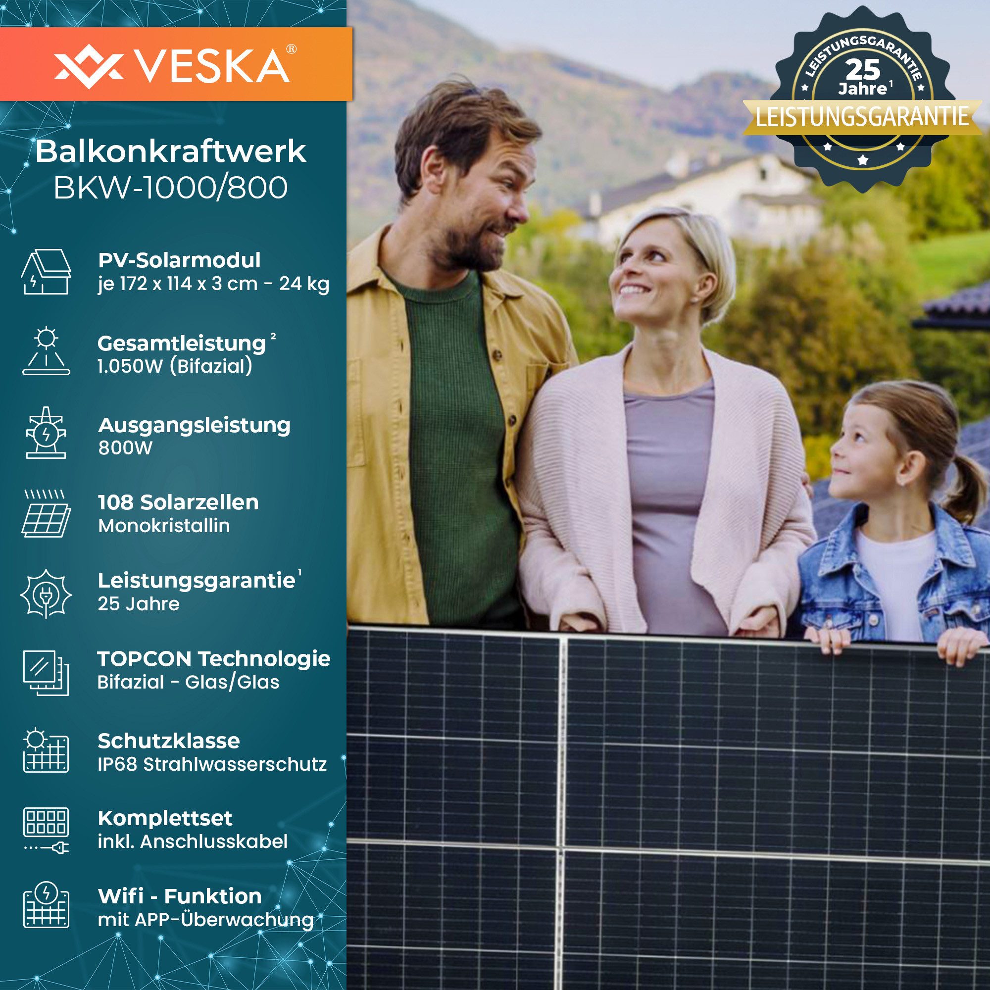 VESKA Balkonkraftwerk Balkonkraftwerk 1000 W Bifazial Glas/Glas, 800,00 W, Monokristallin, (Steckerfertig, genehmigungsfrei, schwarz WIFI), N-TYPE, TOPCON, Anti – Bild 2 von 4