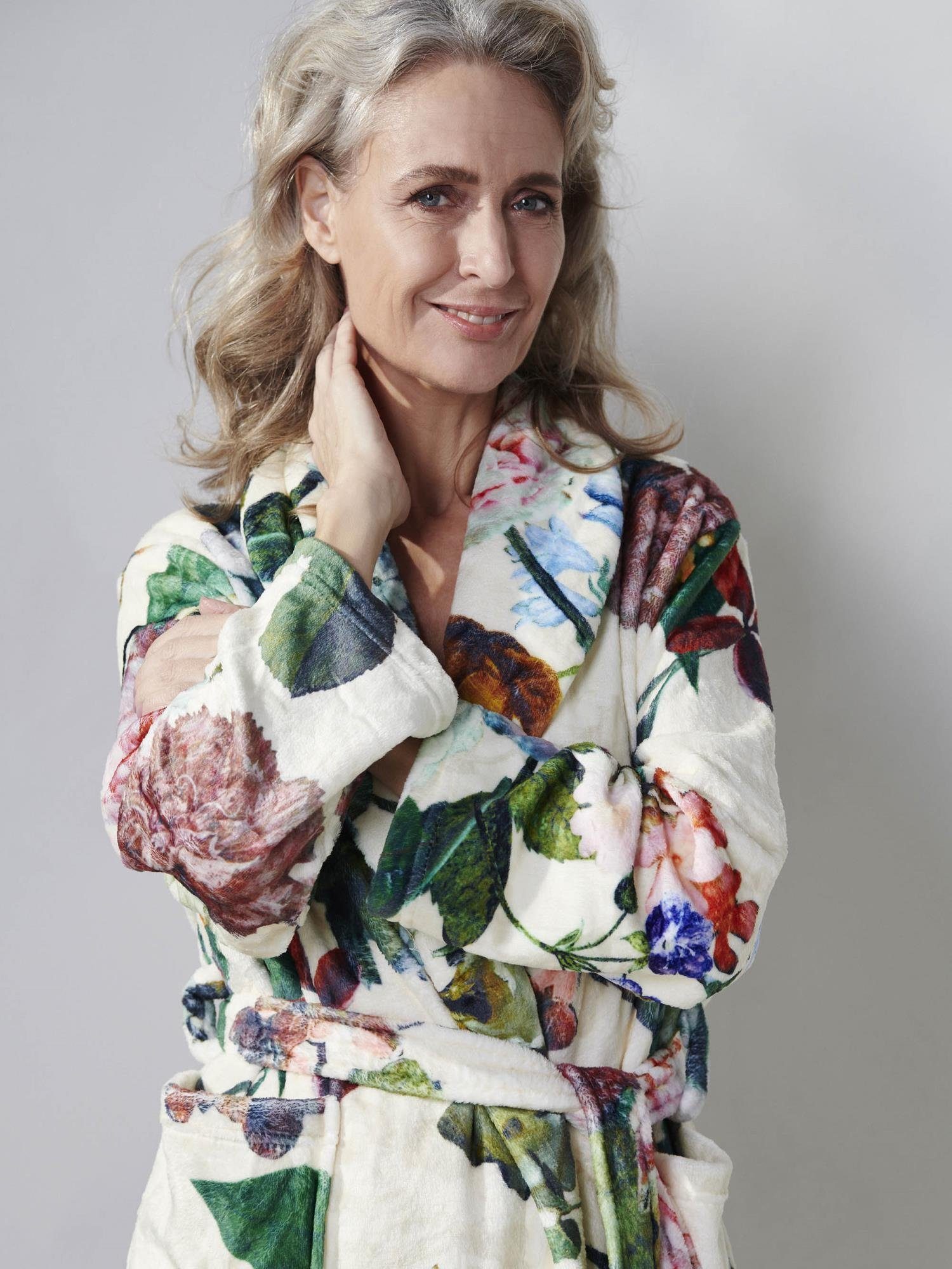 Essenza Damenbademantel Fleur, Kurzform, Polyester, Schalkragen, Gürtel, mit Blumenprint