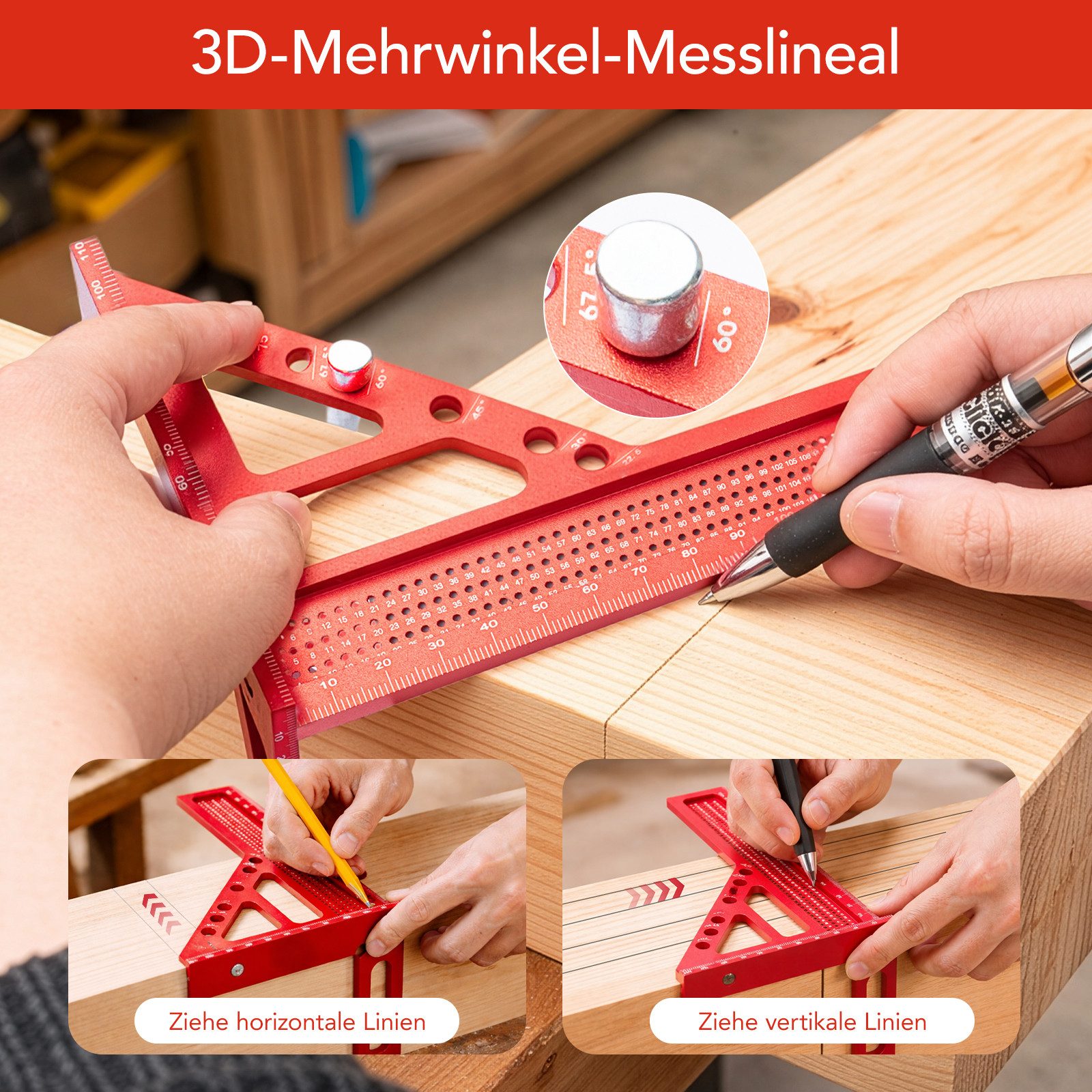 Youyijia Winkelmesser 3D Gehrungswinkel Aluminium, Multifunktionaler Winkelmesser 22.5°–90°