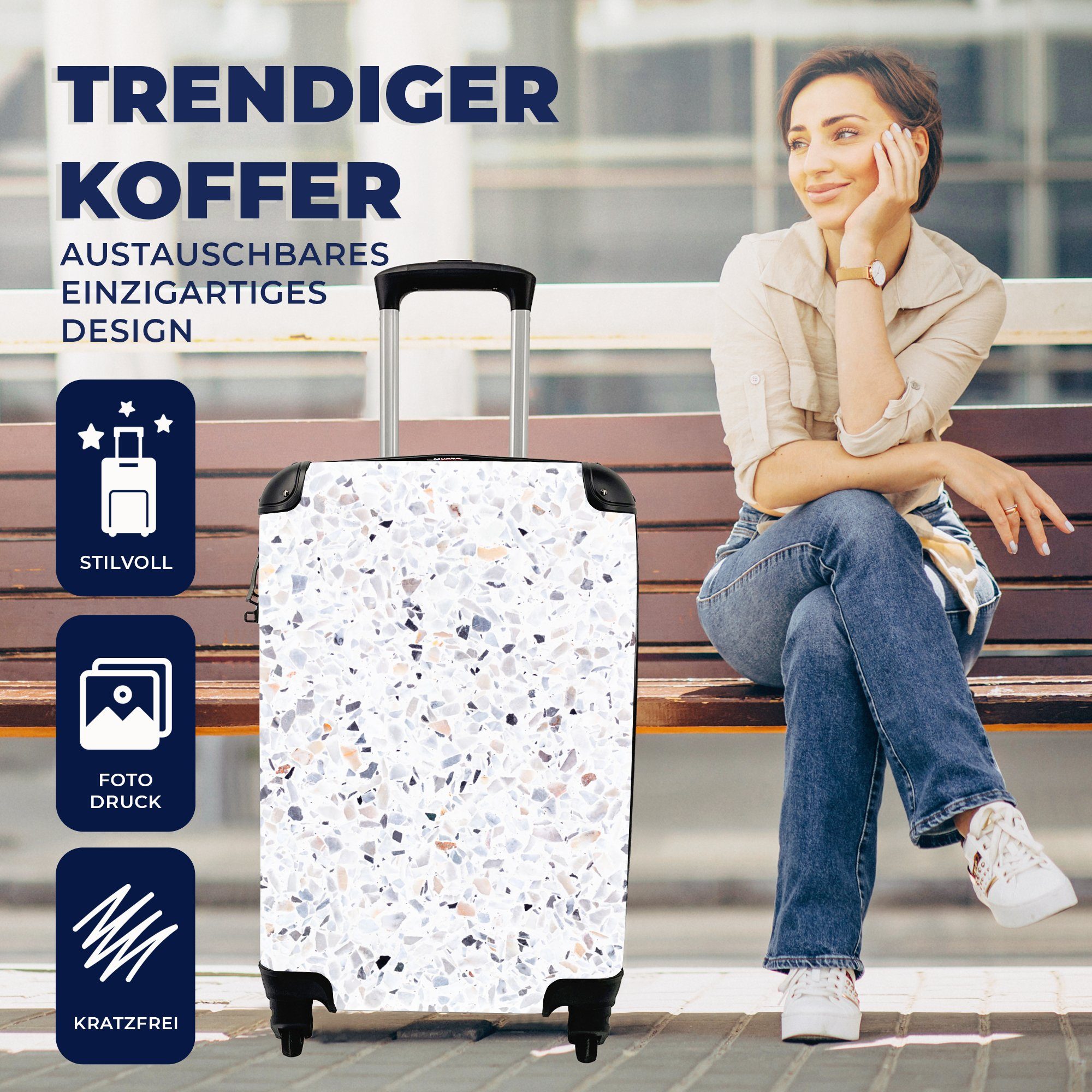 Weiß, - - Rollen, Handgepäck Reisetasche rollen, Granit Design mit Handgepäckkoffer Ferien, 4 Struktur Trolley, MuchoWow Reisekoffer - für