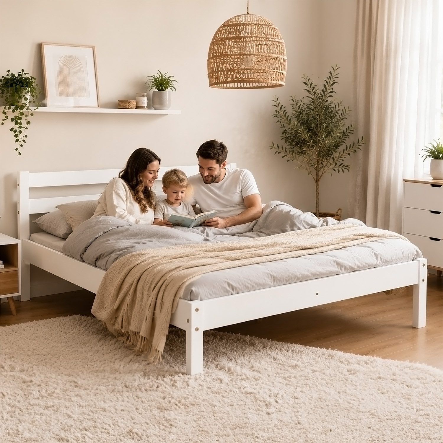 Homestyle4u Holzbett 90x200 mit Lattenrost niedrig Futonbett Kinderbett Natur Set (Set, mit Lattenrost), Weiß, 140x200