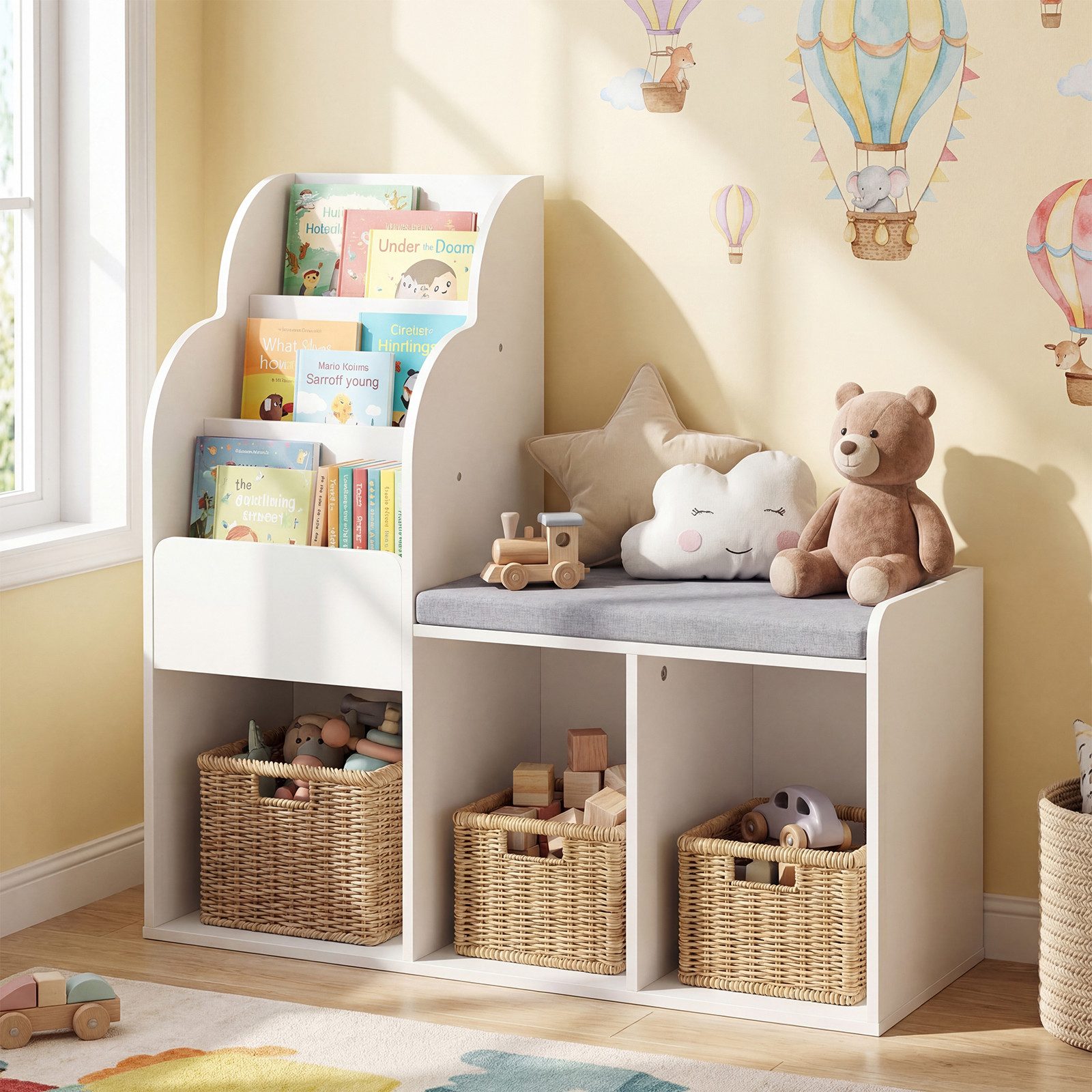 COSTWAY Kinderregal, 3-stufiges Bücherregal mit 3 offenen Ablagen & Sitzbank