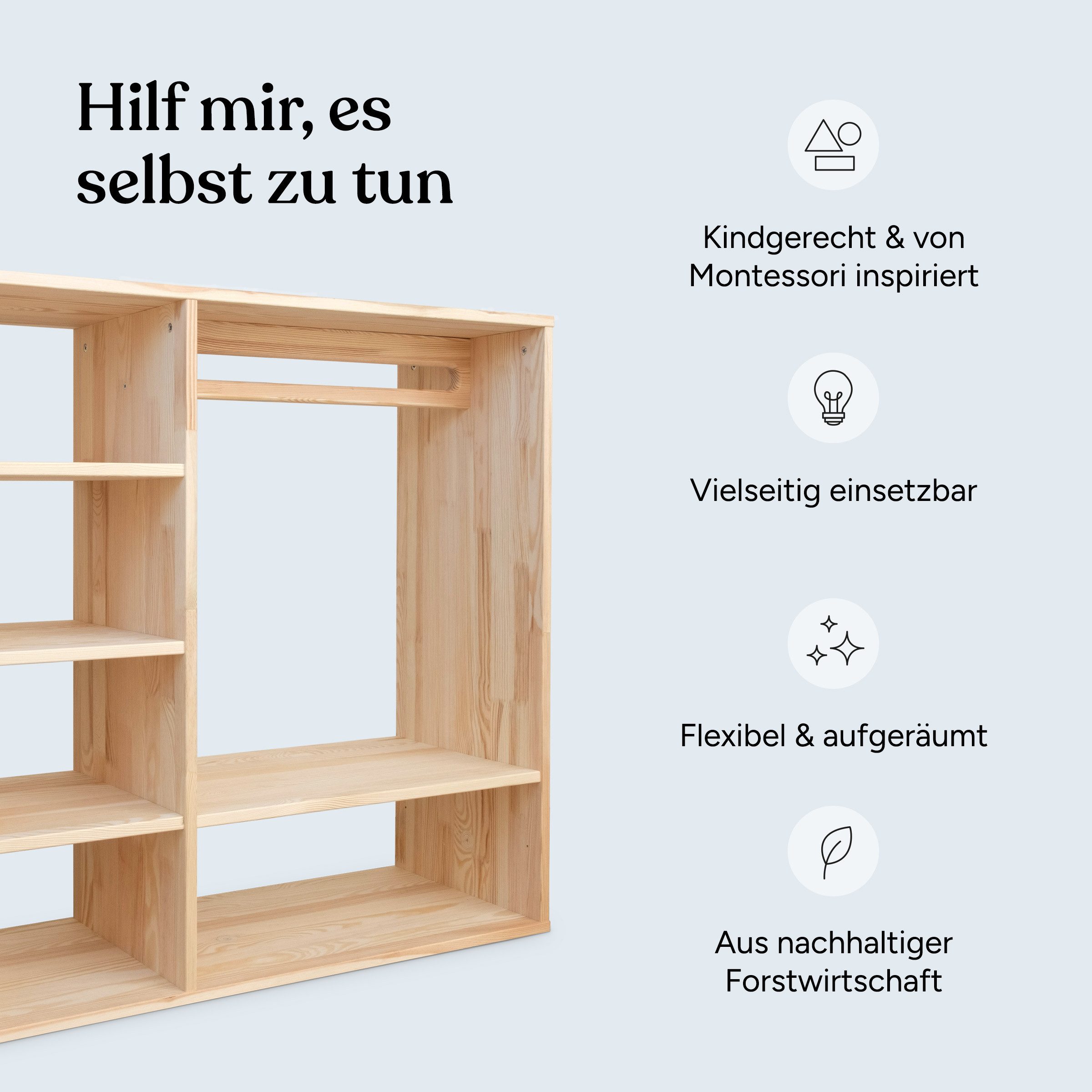 Ehrenkind Kinderkleiderschrank Montessori, Kiefer Natur, hochwertiges & robustes Holz (Kinderregal, Garderobenschrank) Kleiderschrank Kinderzimmer, Kindergarderobe
