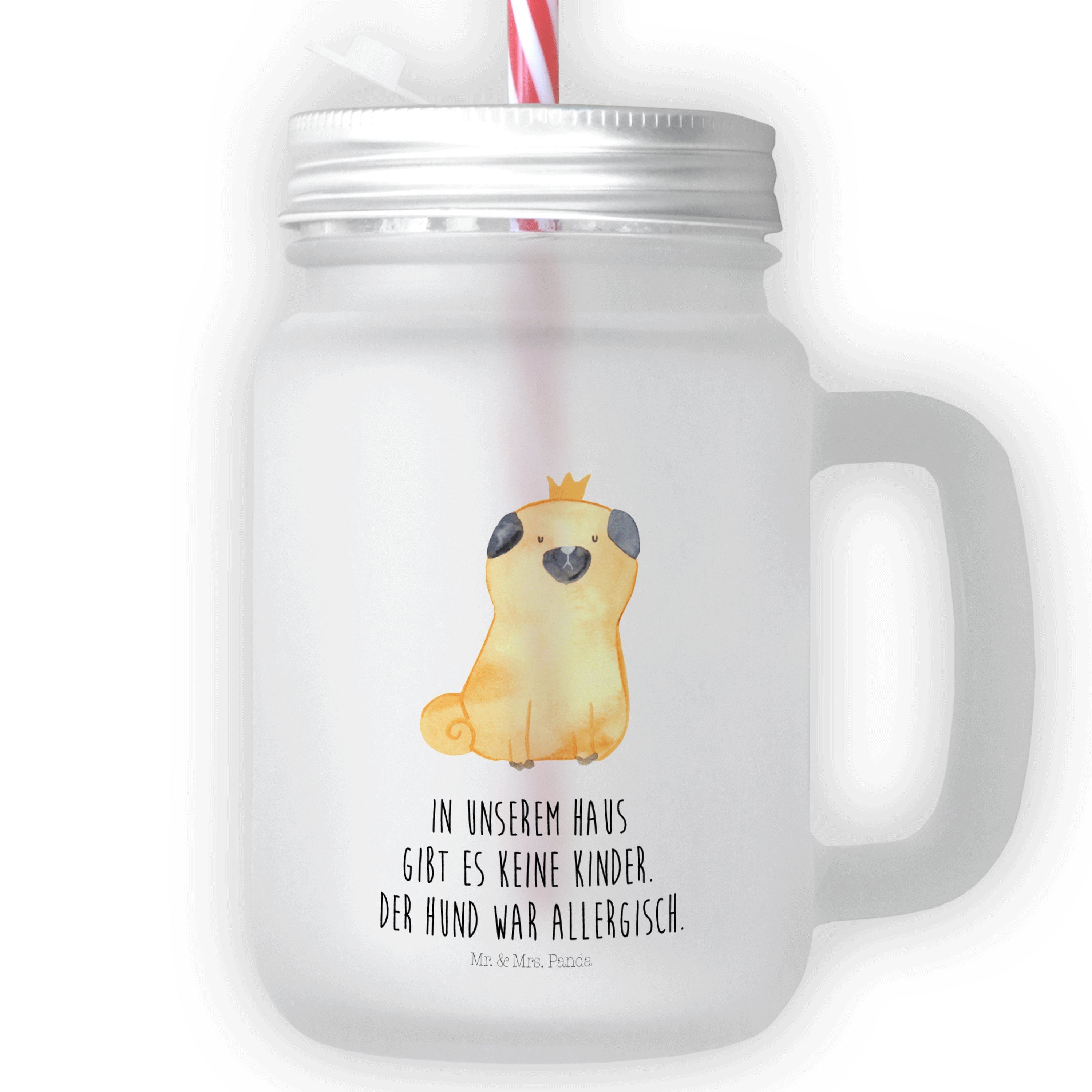Mr. & Mrs. Panda Glas Mops Krone - Transparent - Geschenk, Haustier, Vierbeiner, Hundemotiv, Premium Glas