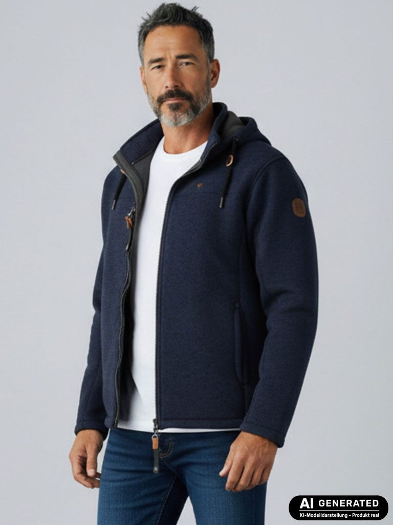 Dry Fashion Fleecejacke Helgoland Herren Wollfleece-Jacke Kapuze - Jacke Fleece Übergansjacke Windabweisend, Verstellbare Kapuze, Reißverschlusstaschen, Innentasche
