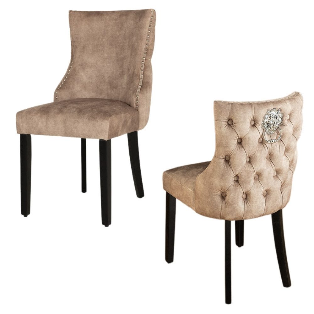LebensWohnArt Stuhl Edler Stuhl LEON Samt beige Löwenkopf Nieten Chesterfield