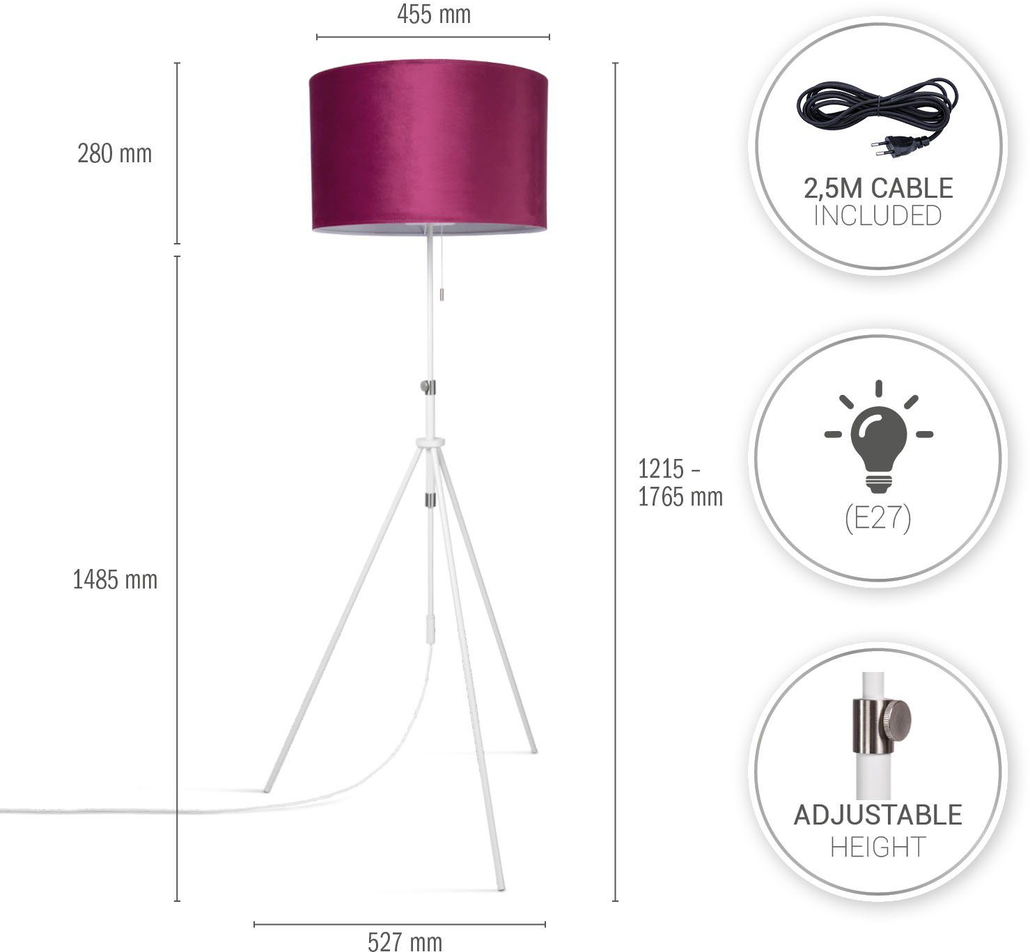 Höhenverstellbar Naomi Zugschalter Stehlampe Color, Wohnzimmer 121,5 Velour Home Leuchtmittel, 176,5 Paco cm uni ohne bis