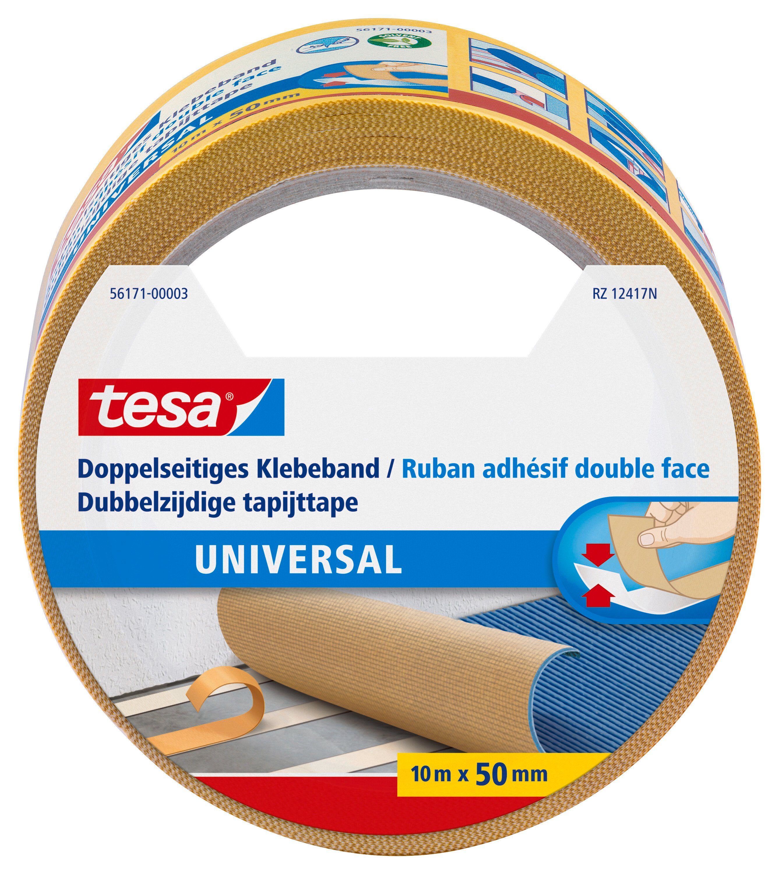 tesa Doppelklebeband UNIVERSAL Doppelseitiges Klebeband (Packung, 1-St)  Gewebeklebeband / Verlegeband für Teppiche & Basteln - 10 m : 50 mm
