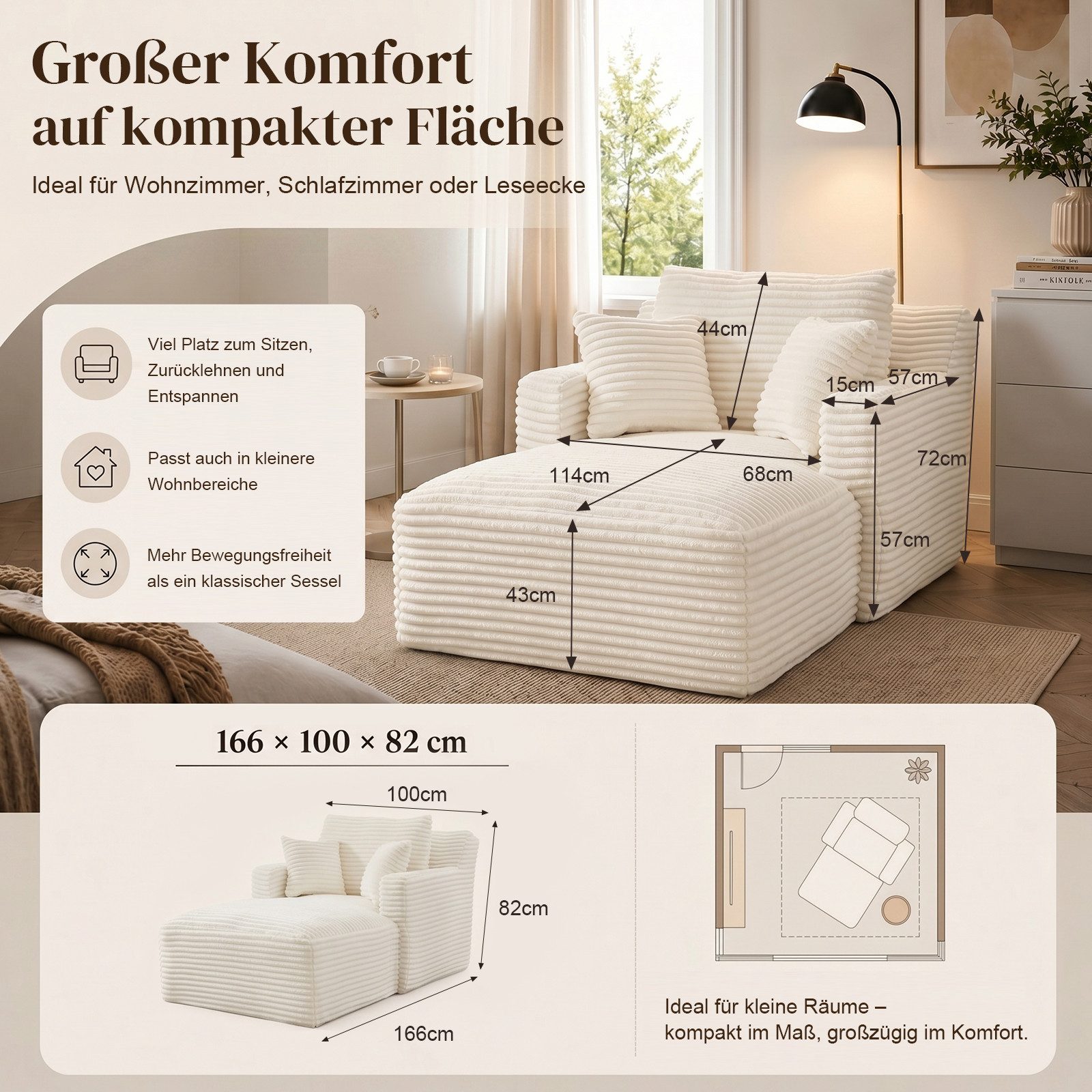 ANYSUN Loungesofa Modernes Chaiselongue-Sofa,Cord-Schlafsofa, 2 Kissen,Relaxsessel Cord, ohne Montage mit Taschenfederkern & Schaumstoffpolsterung,Loungesofa, Lesesessel bequem, fur Wohnzimmer, Büro & Wohnung,Apartment