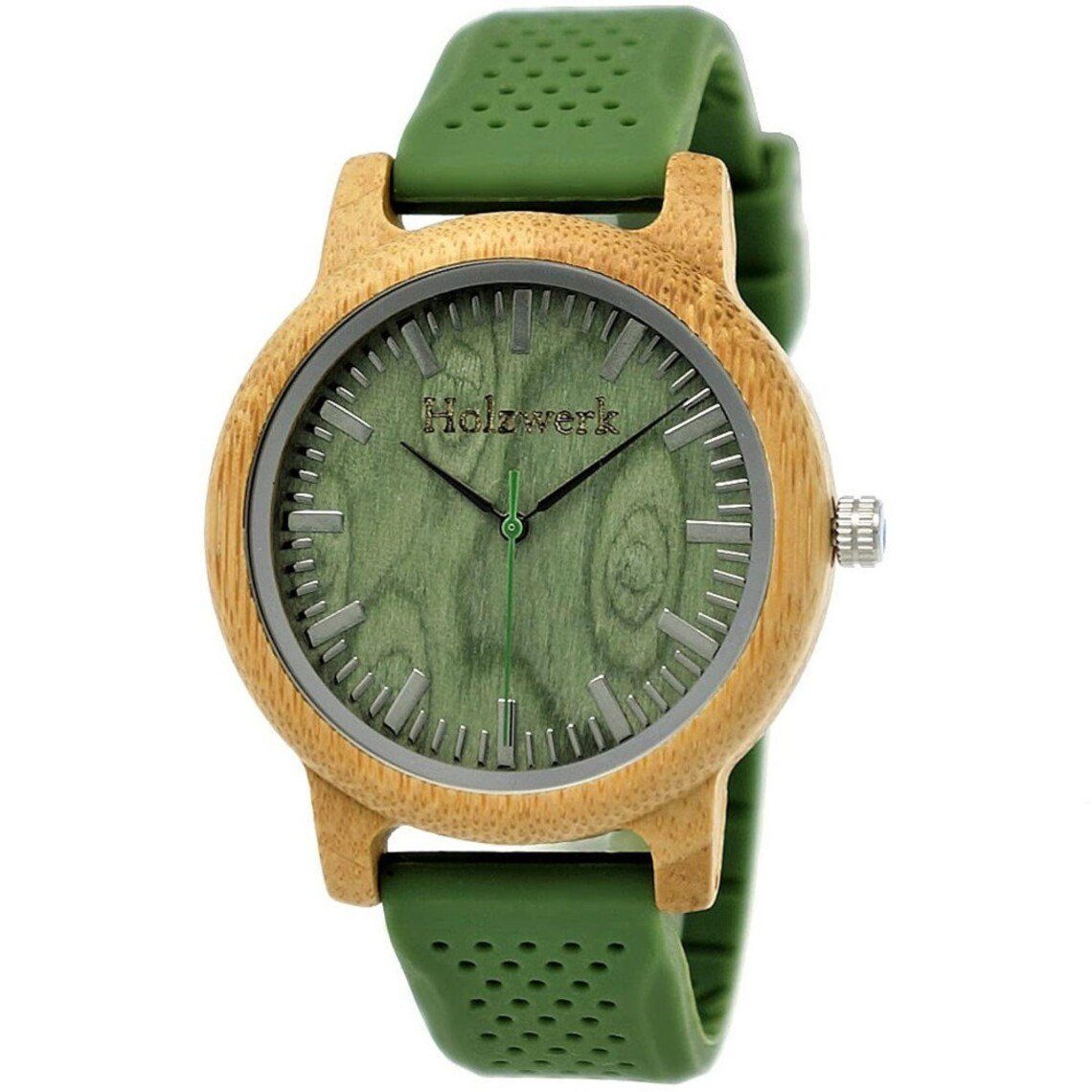 Holzwerk Quarzuhr LANDAU Damen & Herren Holz Uhr mit Silikon Armband in grün & beige