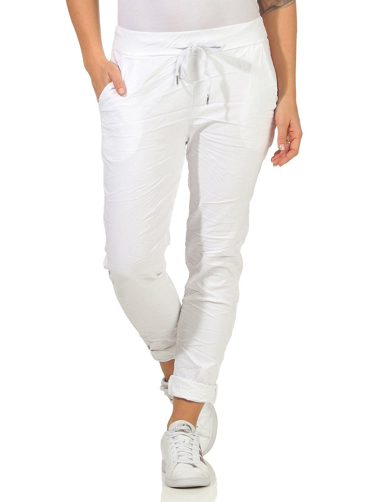 Aurela Damenmode Schlupfhose Sommerhose Körpergröße großen leichte max. Sommerfarben, erhältlich, in Schlupfhose auch in Damen 1,69m Weiß modischen Chinohose Größen Stretch-Jeans