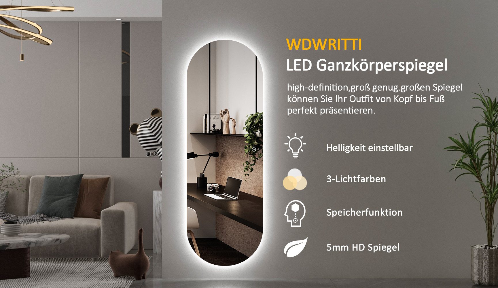 WDWRITTI Wandspiegel Rahmenlos 165x60cm LED Ganzkörperspiegel Flurspiegel (3Lichtmodi, Dimmbar, Kalt/Neutral/Warmweiß), mit Netzadapter & Stromkabel