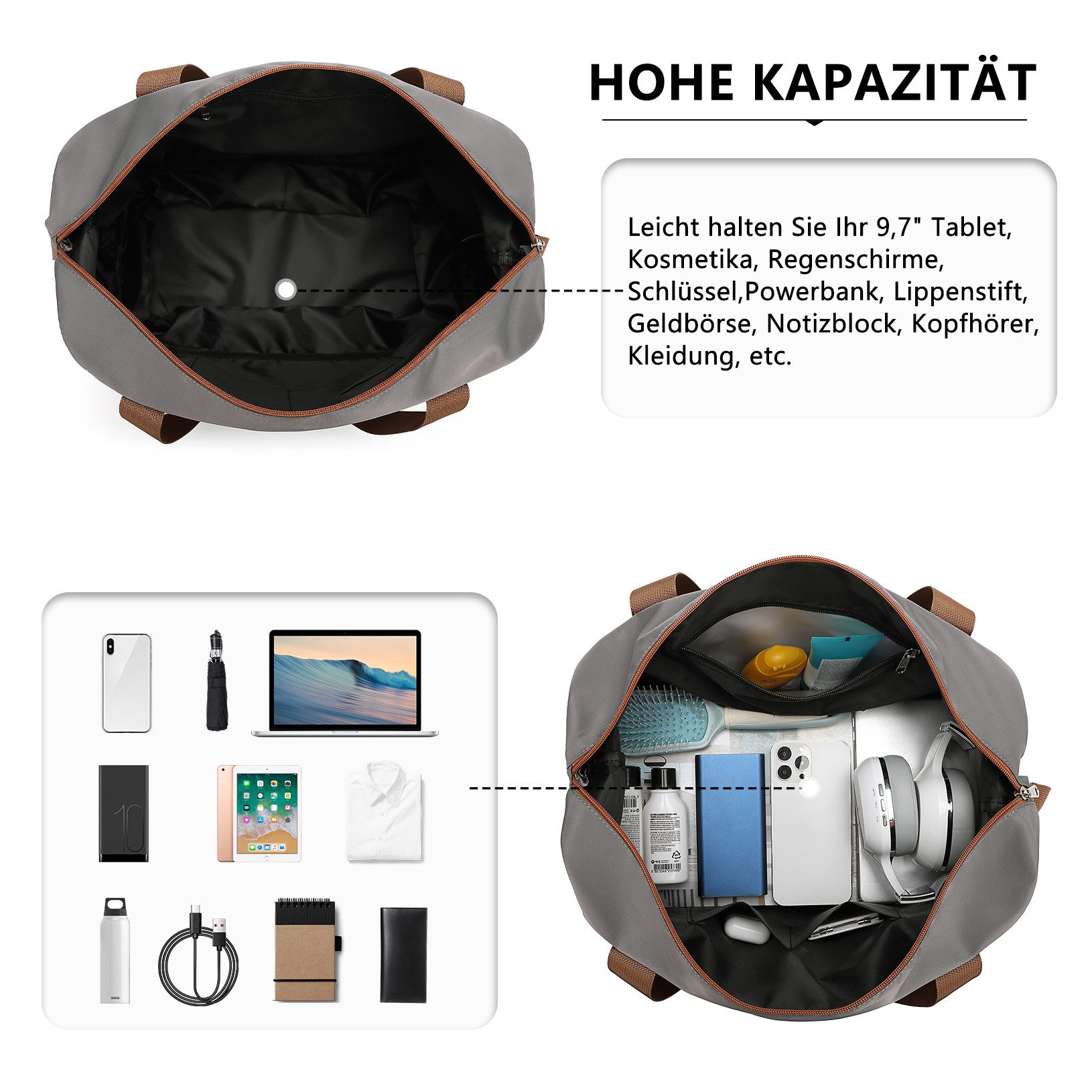 KONO Reisetasche 2-in-1 Set: Erweiterbare Handgepäck-Tasche (36L) + Kosmetiktasche, Praktisches und leichtes Design – Bild 4 von 5