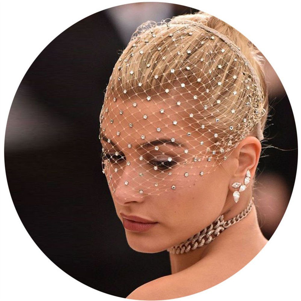 Schleier GLAMO Schleier Haarband,Gesicht Weiß Netzmodell Diamantschleier Brautkopfschmuck