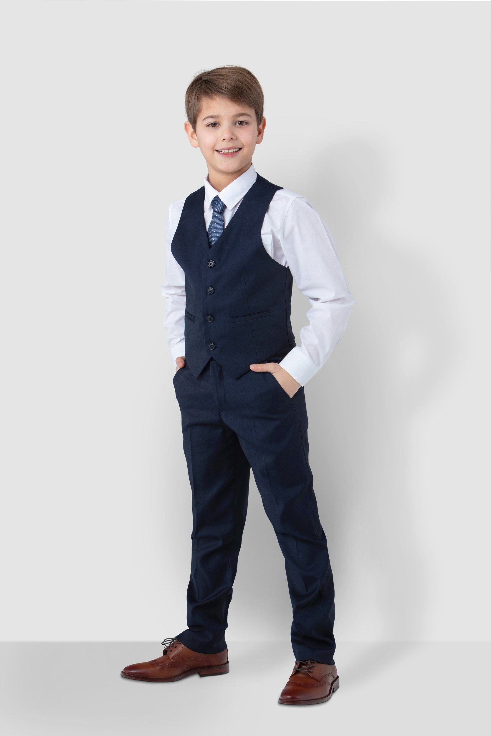 Krawatte) und Melli-Trends Hose Kinderanzug Luxuriöser Weste, Jungen elegant blau Anzug festlich, Kommunionanzug 4-teilig (Hemd,