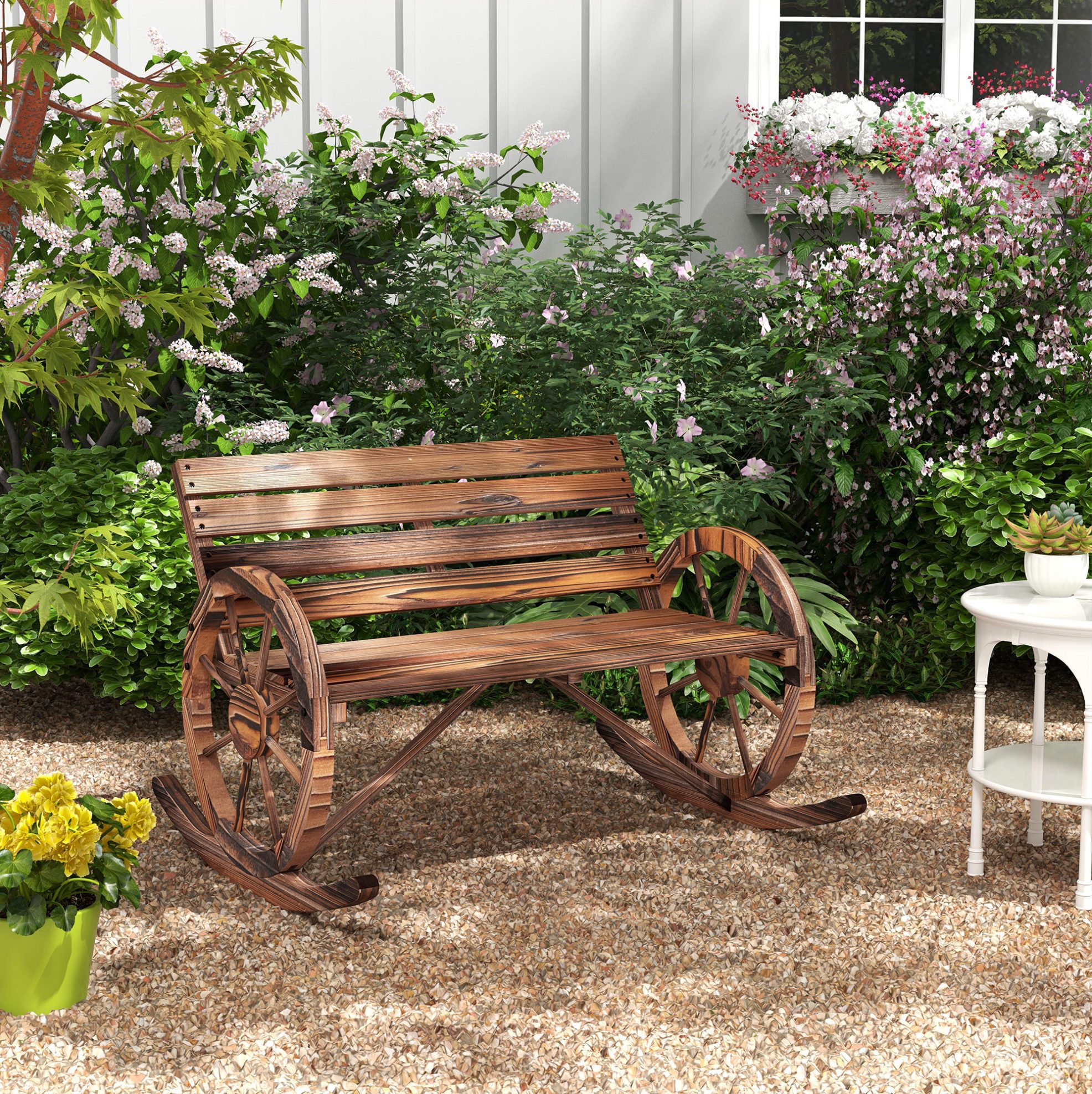 OKWISH Gartenbank 105x88x74 cm Holz 2-Sitzer Armlehne bis 240 kg verkohltes Design (Packung, 1-St., Garten Schaukelbank 2 Personen, komfortabel für Outdoor Bereich), Schwingbank aus Holz für Garten & Balkon, stabile Konstruktion