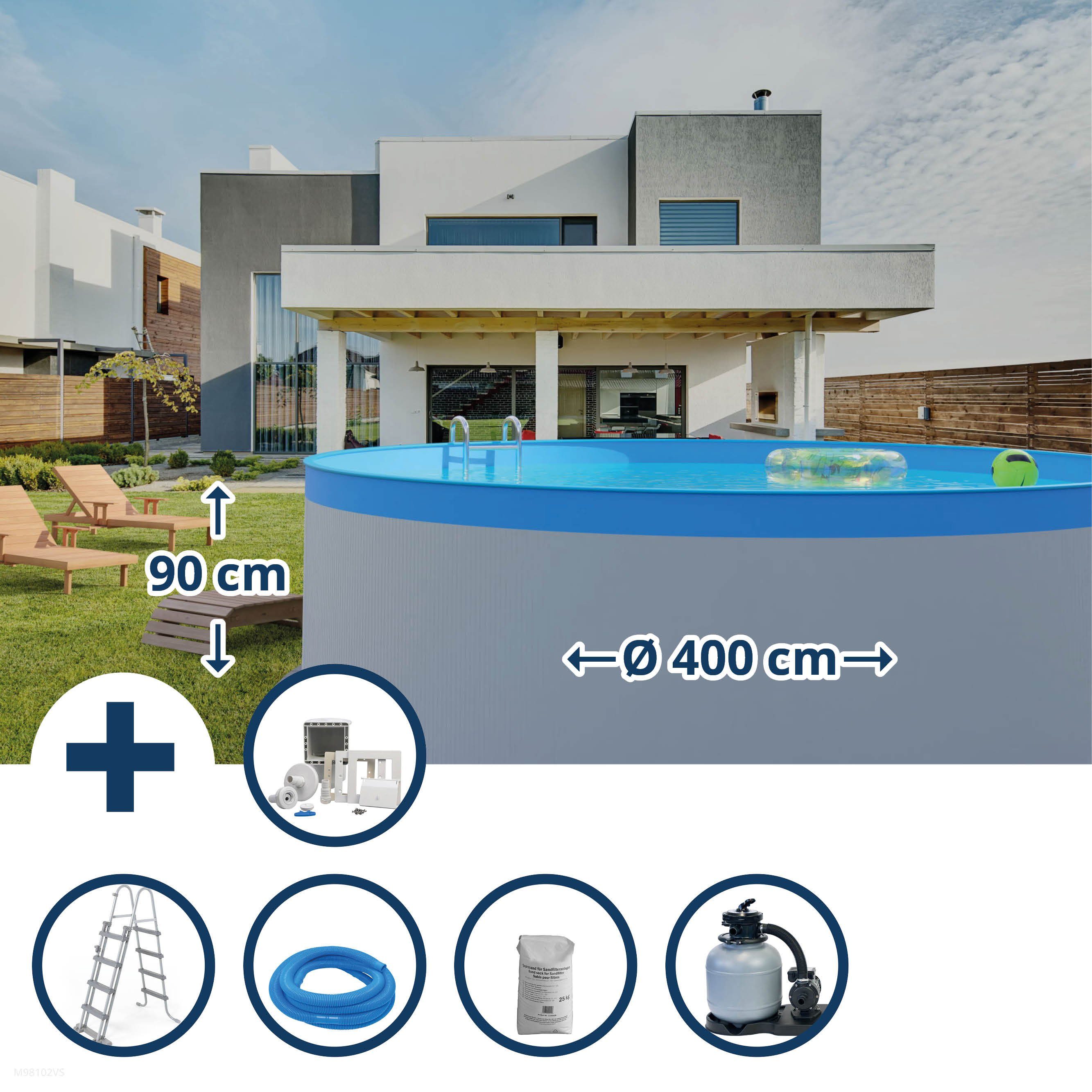 Waterman Rundpool Stahlwandpool Set (6-teilig) hoch rund 400 x 90 cm (Beckenset), verzinkte Stahlwand