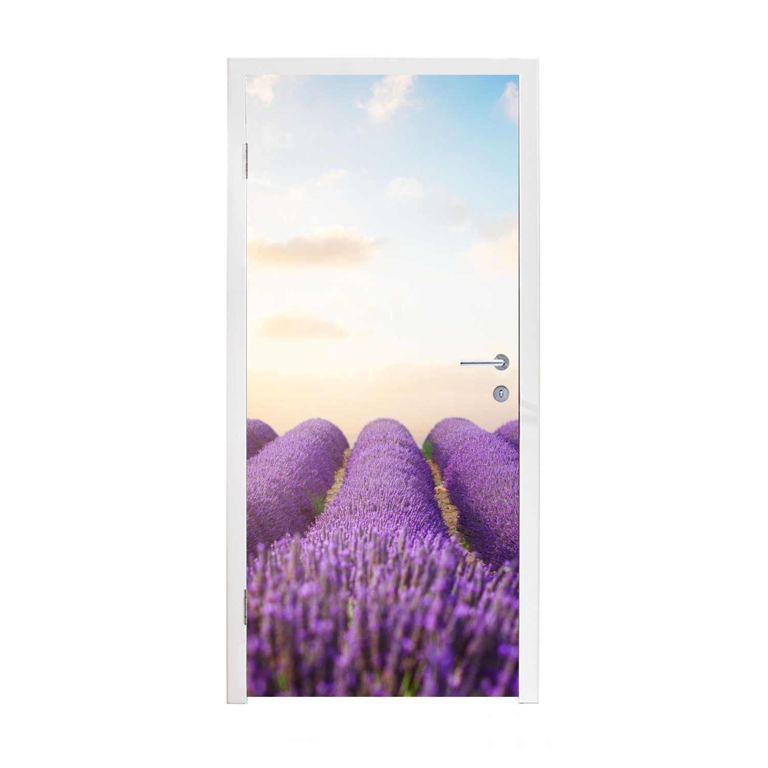 MuchoWow Türtapete Lavendel - Himmel - Wolken - Blumen, Matt, bedruckt, (1 St), Fototapete für Tür, Türaufkleber, 75x205 cm