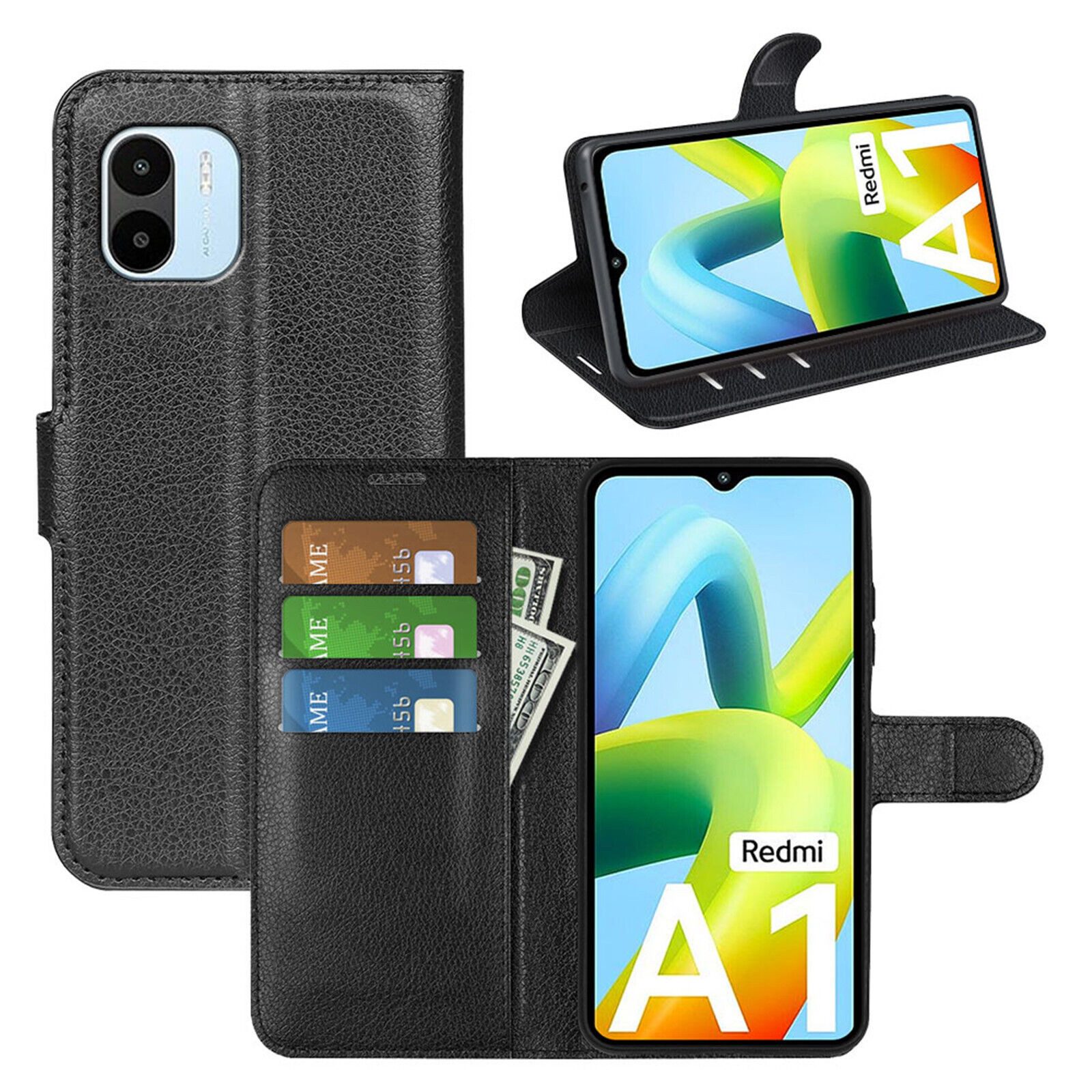 betterfon Handyhülle Handytasche für Xiaomi Redmi A1 Klapphülle Schwarz, 3 Kartenfächer, Magnetverschluss & Standfunktion im Lederlook