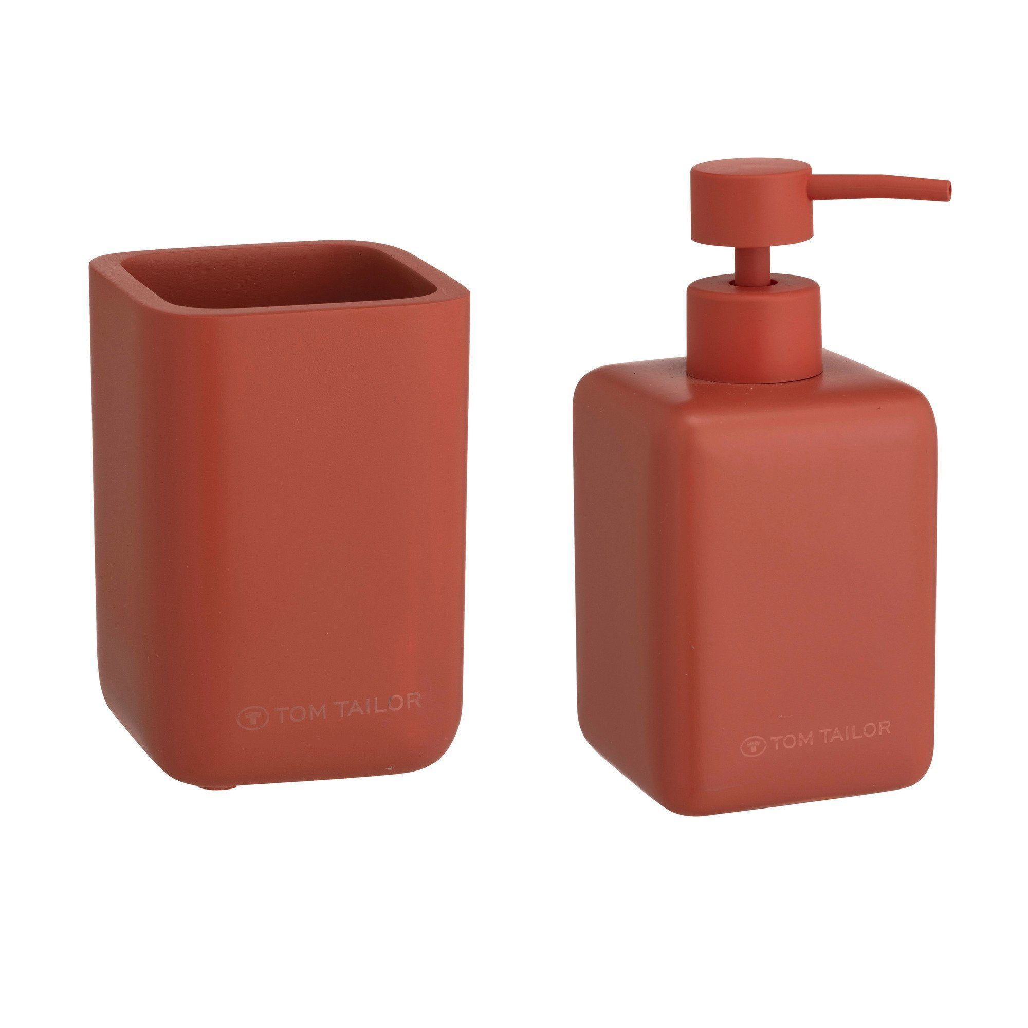 TOM TAILOR HOME Badaccessoire-Set Badezimmer Pumpspender Zahnbürstenhalter Rot, Seifenspender, Zahnputzbecher, Polyresin, Trendfarbe Coral, Glatte Oberfläche