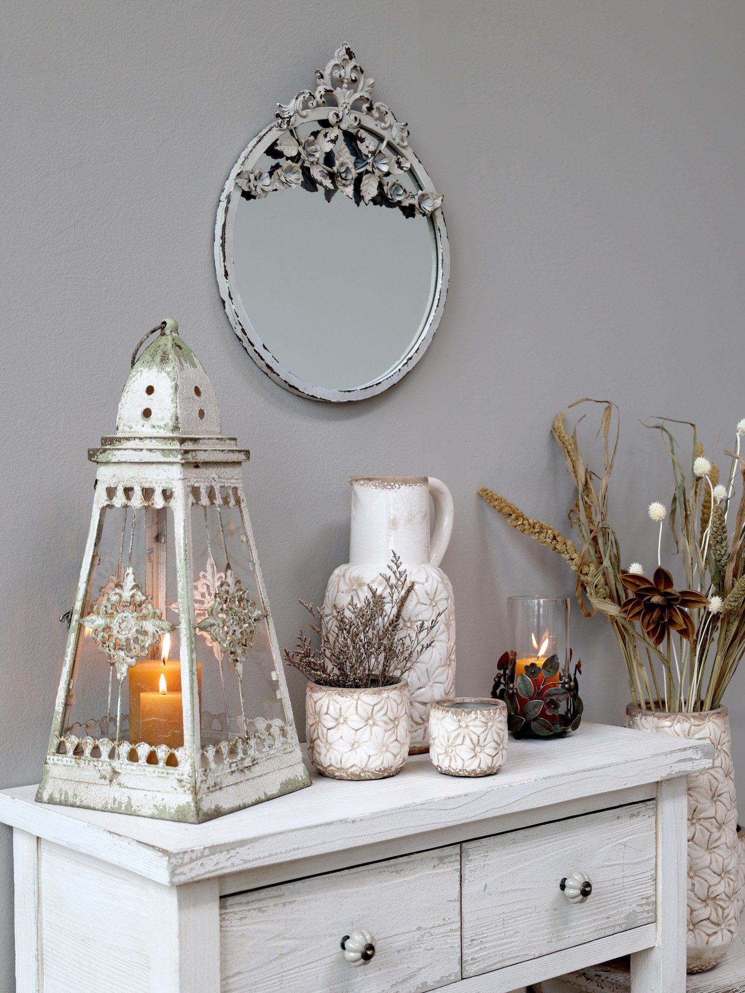 Chic Antique Spiegel Nostalgie Spiegel Creme mit Dekor Brocante H40xB33 cm günstig online kaufen