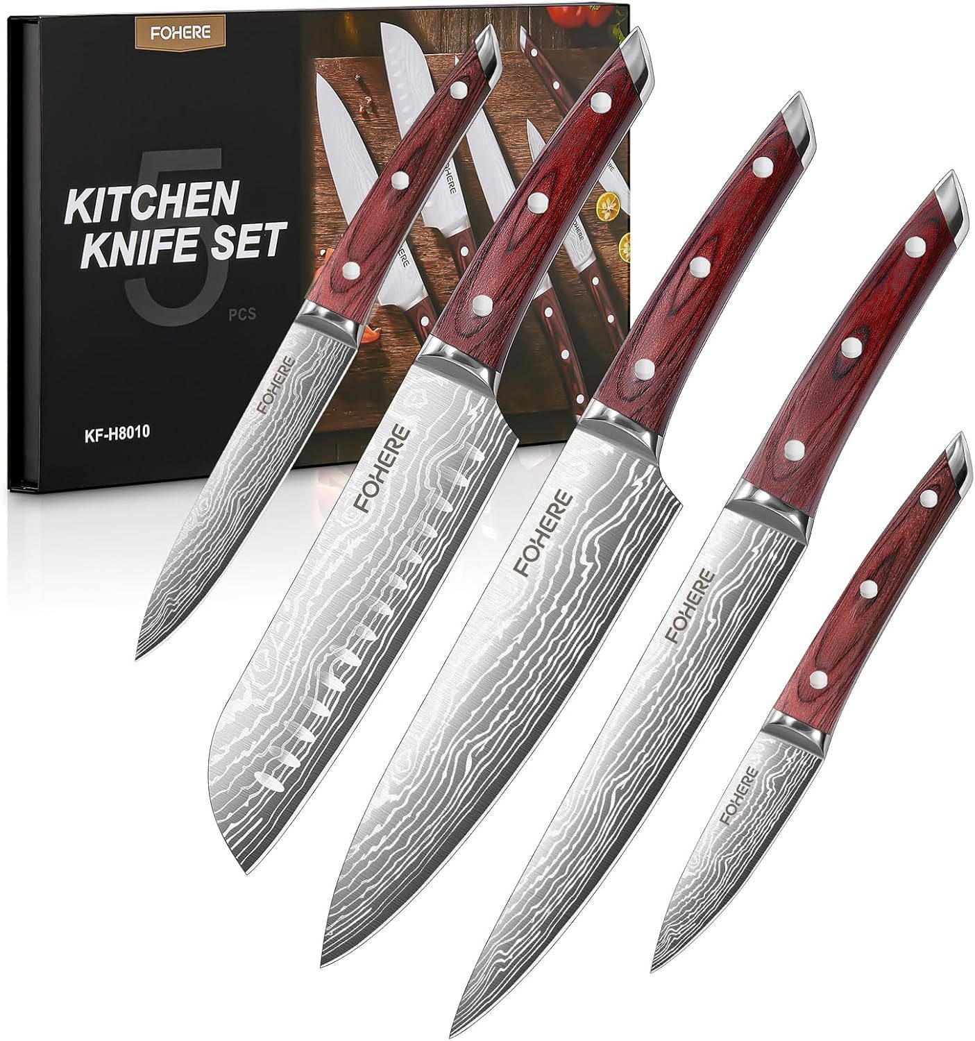 FOHERE Messer-Set 5-teilig Ultra Scharfes Küchenmesser Set, mit Geschenkbox (5-tlg)