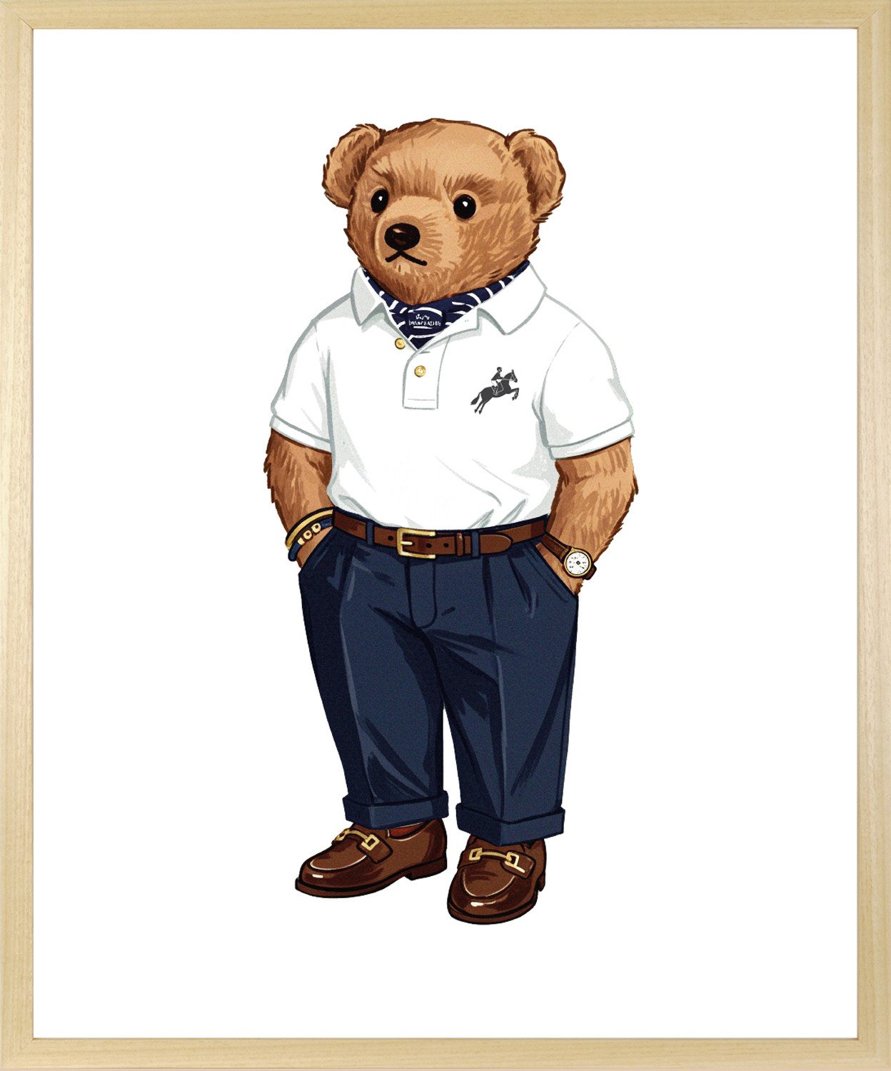 queence Bild mit Rahmen Vintage Polo Club Teddy Bär, Bär, Bären, Fashion, Figuren, Mode, Modebilder, HD Premium Poster-Druck inkl. Echtholzrahmen in beige