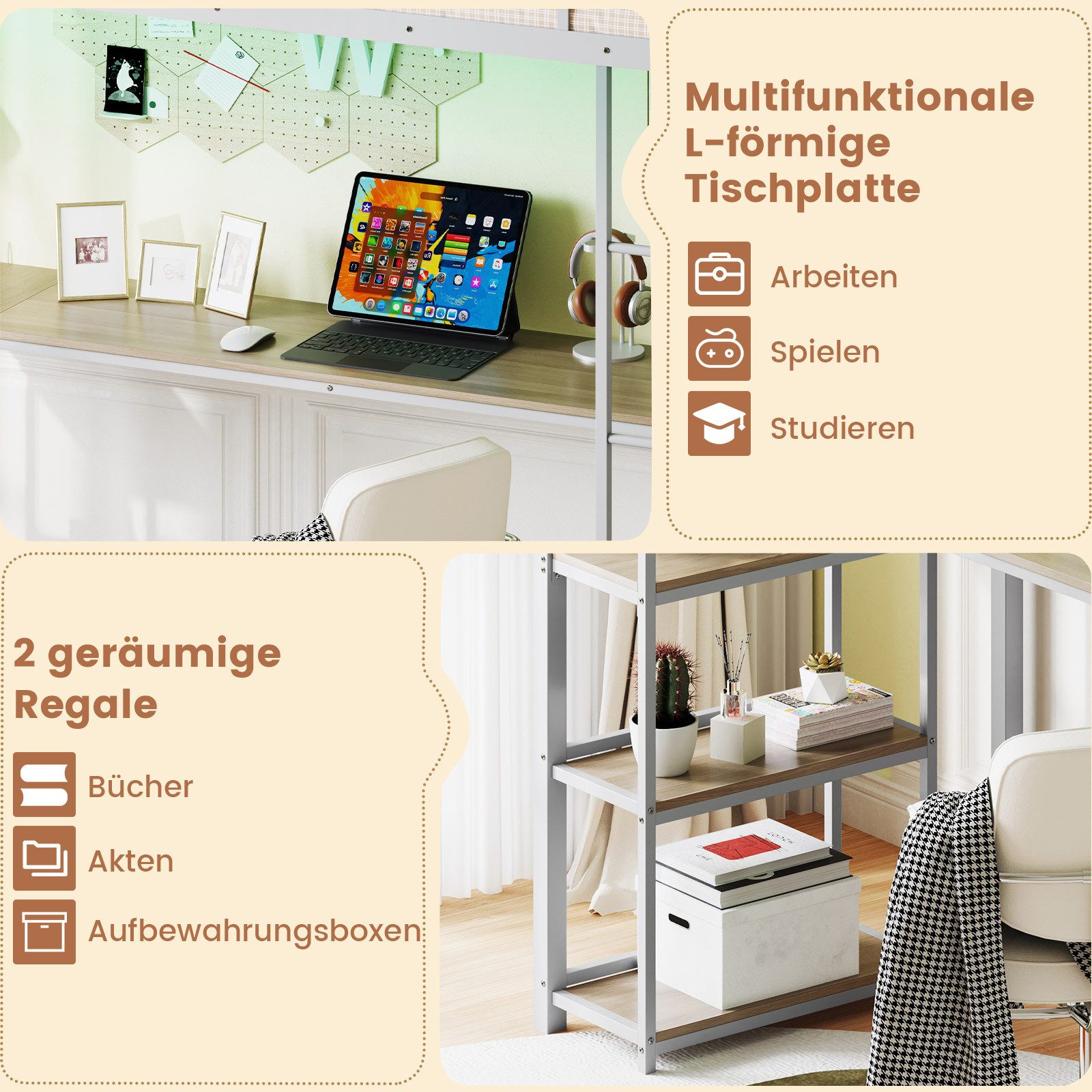 COSTWAY Bettgestell (1-tlg), Hochbett mit Schreibtisch, LED, Ladestation, 90x200cm