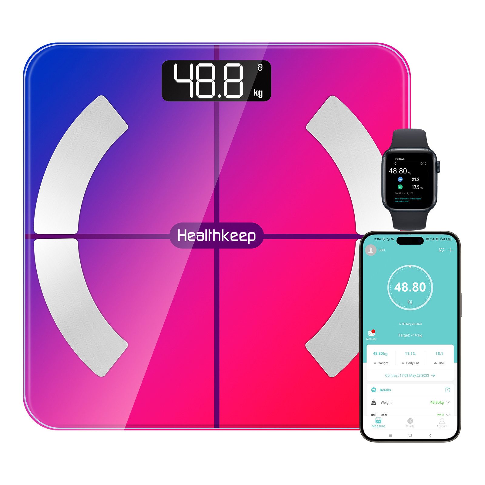 Healthkeep Körper-Analyse-Waage Smart-Waage für 13 Körperdaten Präzise Analyse Bluetooth-Verbindung, Misst 13 Körperdaten und synchronisiert sie mit deiner Smartphone-App, Android und iOS Max. 180kg/400lb/28st