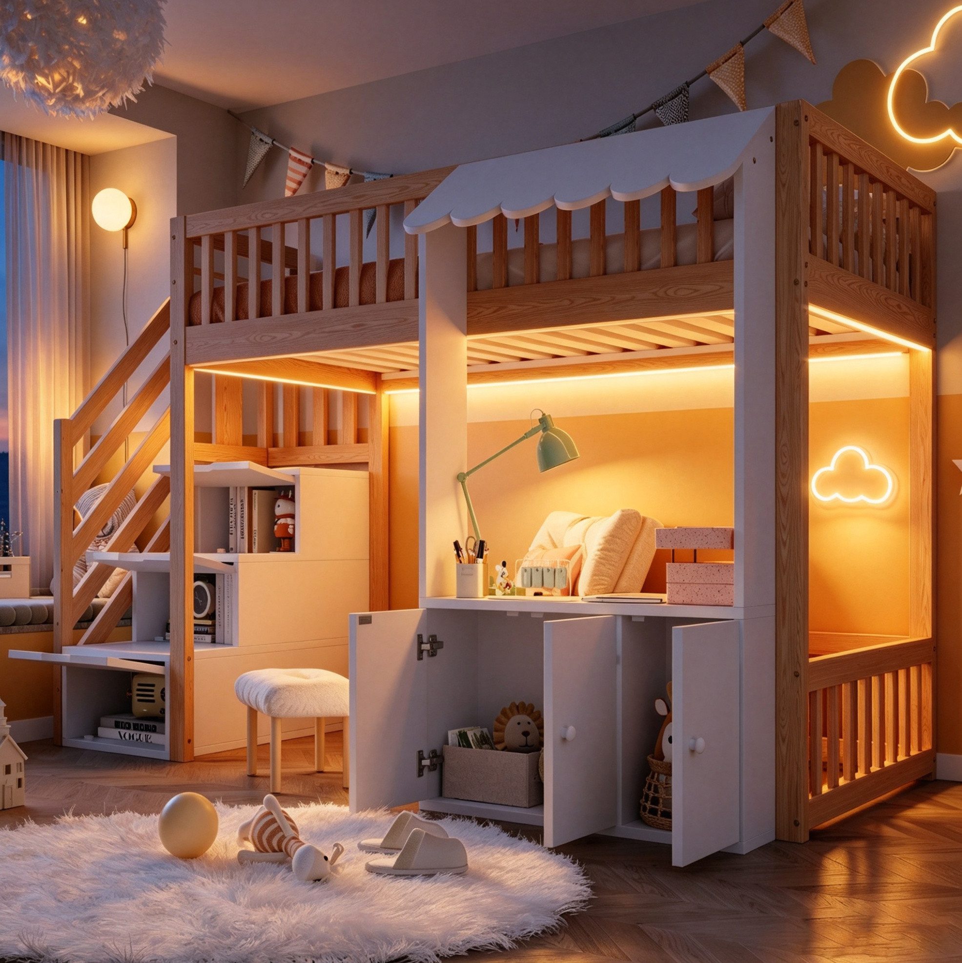 OKWISH Hochbett Jugendbett Funktionsbett (mit Stauraumtreppe, Stauraumschrank, mehrfarbiger LED-Lichtleiste und Traufendesign, inklusive Lattenrost, 90×200 cm) ohne Matratze