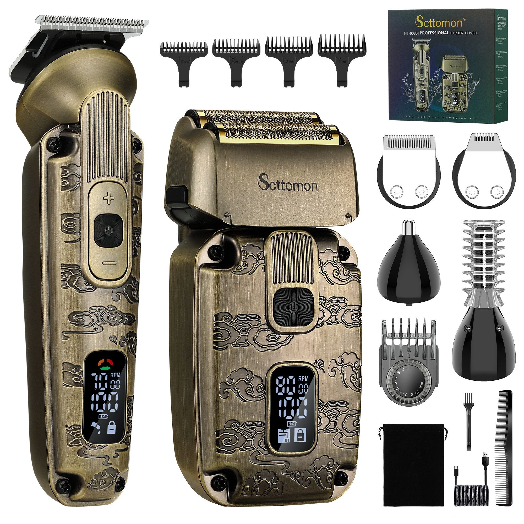Scttomon Haar- und Bartschneider HT-6080, Haarschneider 4 in 1, Folienrasierer, IPX6 Wasserdicht