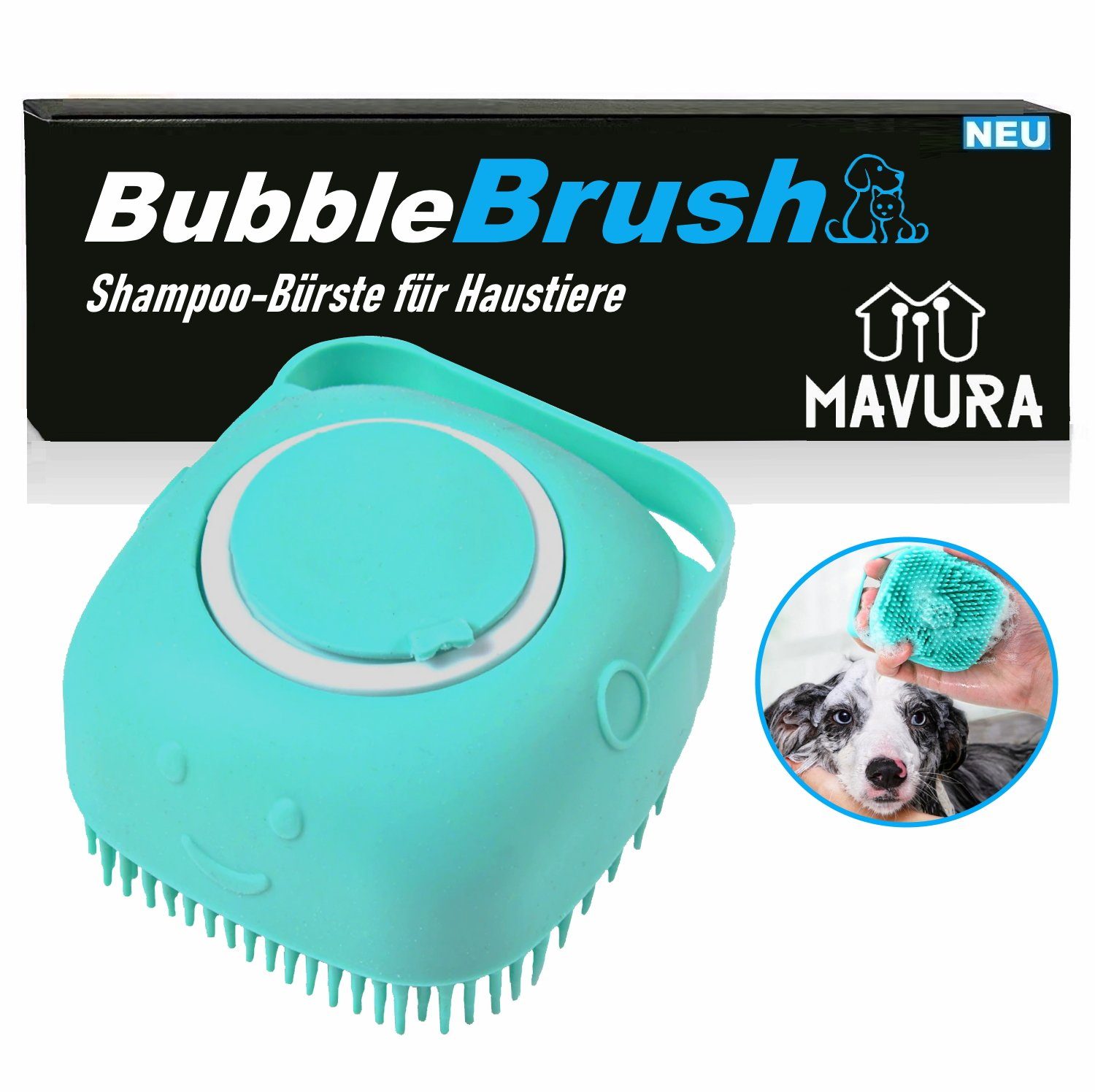 MAVURA Fellbürste BubbleBrush Hunde Waschbürste Badebürste Massage, Bürste Fellbürste mit Shampoo Spender für Haustiere