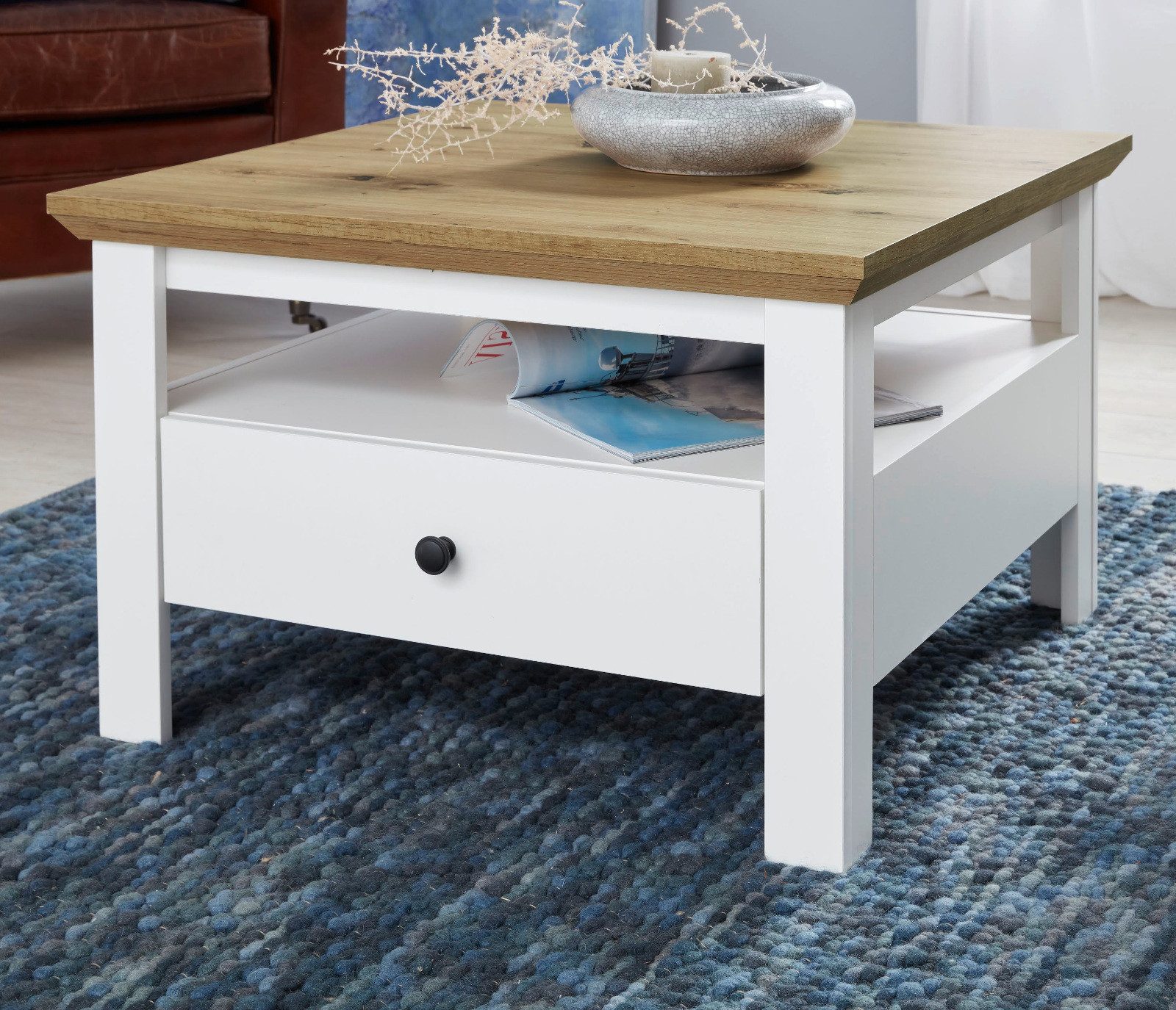 trendteam Couchtisch Universal (Sofatisch mit Schublade), weiß und Eiche Artisan, 70x70 cm