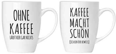 BRUBAKER Tasse Motivtassen "OHNE KAFFEE..." und "KAFFEE MACHT...", Keramik, 2er-Set Kaffeebecher in Geschenkpackung mit Grußkarte, Kaffeetassen Geschenkset für Büro Morgenmuffel