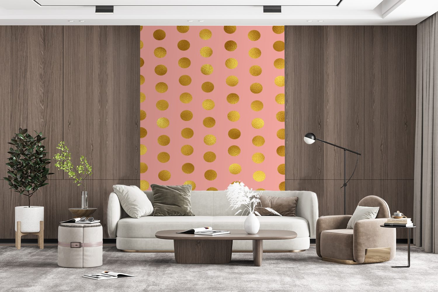 bedruckt, Montagefertig Muster Polka - - Tapete Gold Rosa MuchoWow Wohnzimmer, (3 Fototapete Wandtapete - dots, Matt, Vinyl für St),