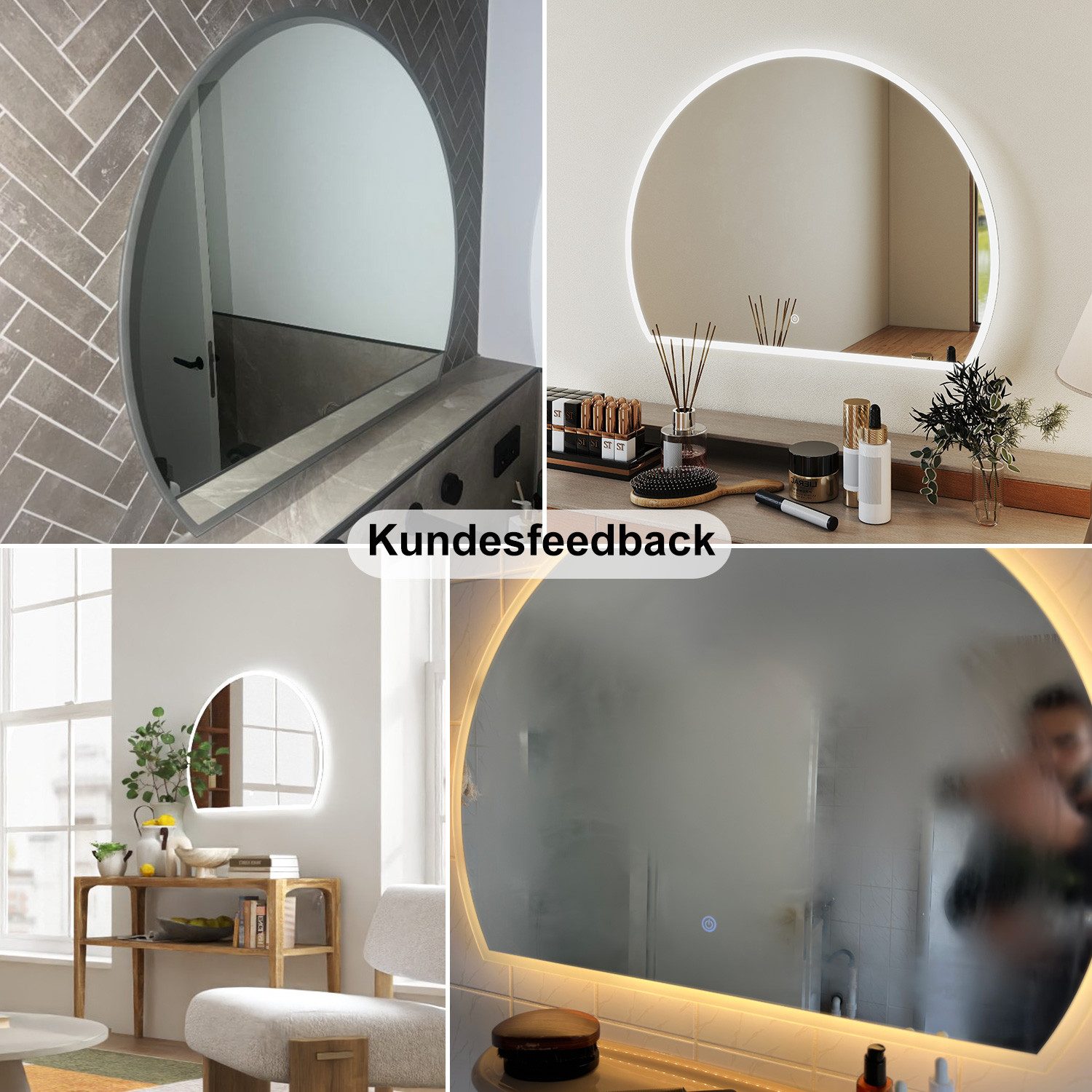 duschspa Badspiegel LED Badspiegel Halbrund Spiegel Touch/Wandschalter, Warm/Neutral/Kaltweiß, dimmbar, Memory, Beschlagfrei