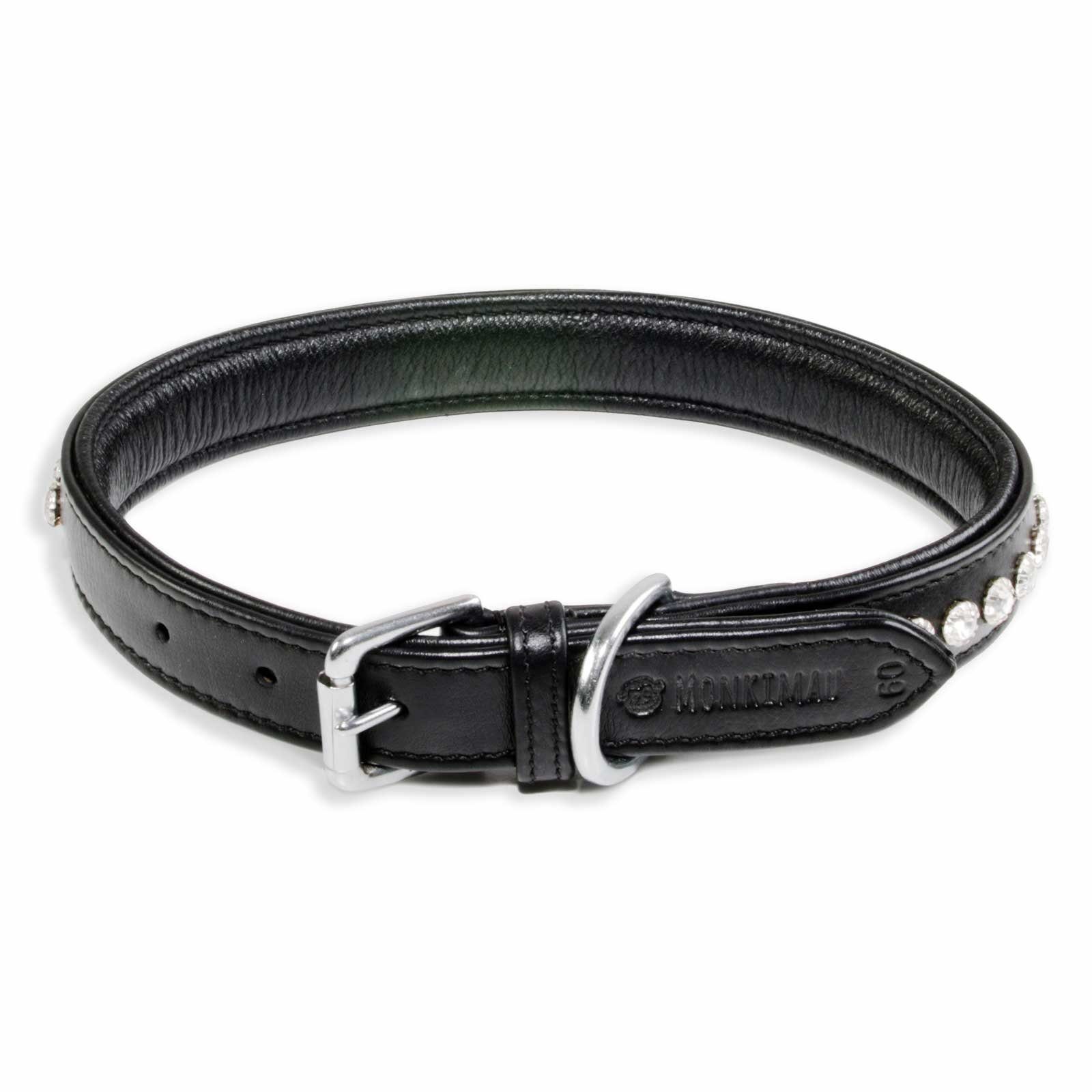 Monkimau Hunde-Halsband Hundehalsband Leder Halsband Hund schwarz gepolstert mit Kristallen, Leder