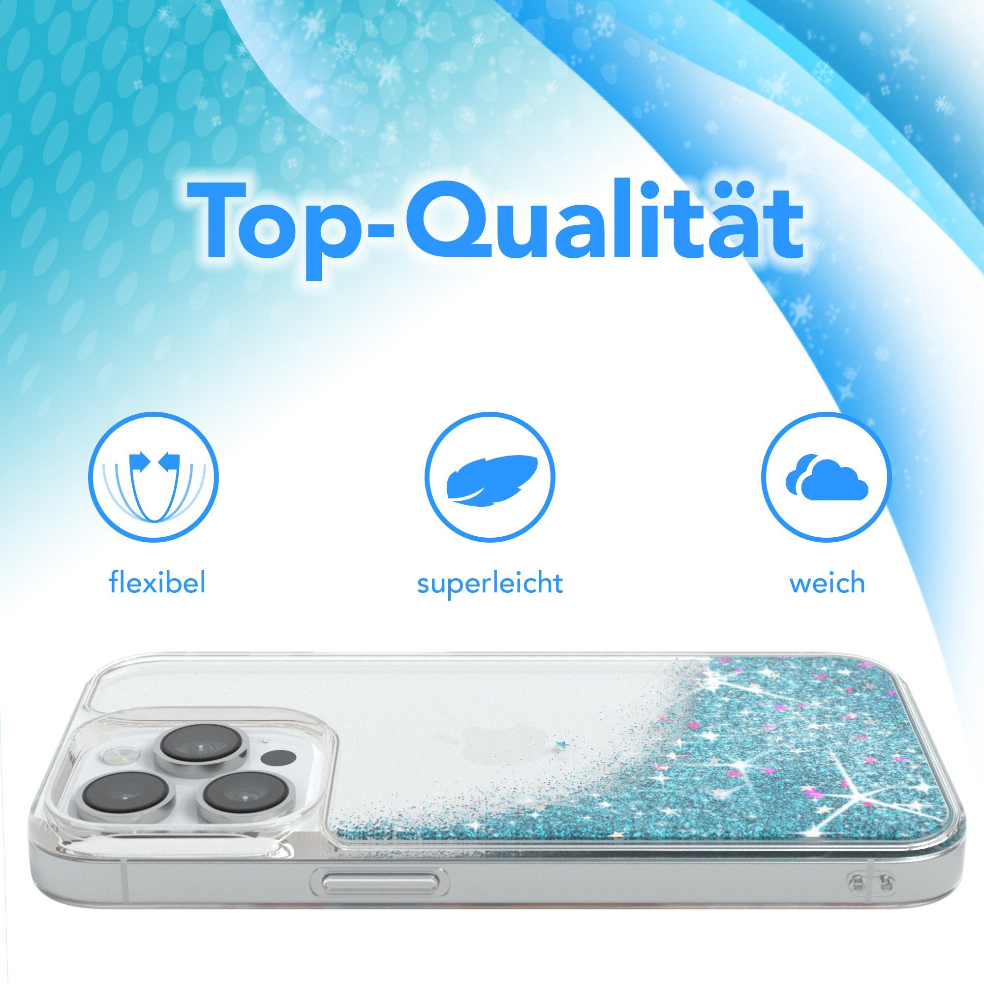 EAZY CASE Handyhülle Liquid Glittery Case für Apple iPhone 14 Pro 6,1 Zoll, Gloss Slimcover Girly Backcover Bling Phone Case kratzfeste Cover Blau