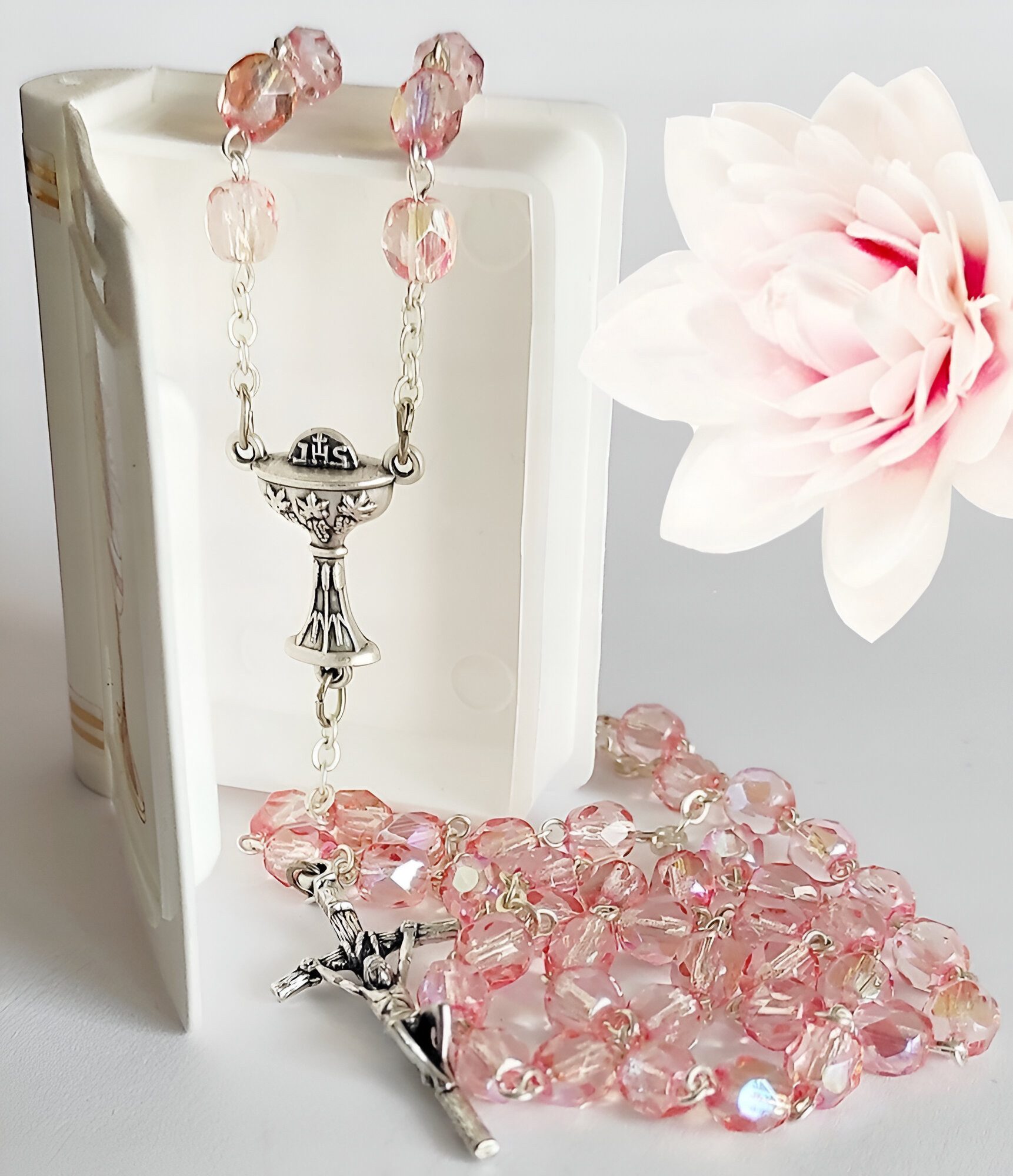 Festivalartikel Collier Kommunionsrosenkranz für Mädchen, Rosa Kristall, Metall, in Schachtel